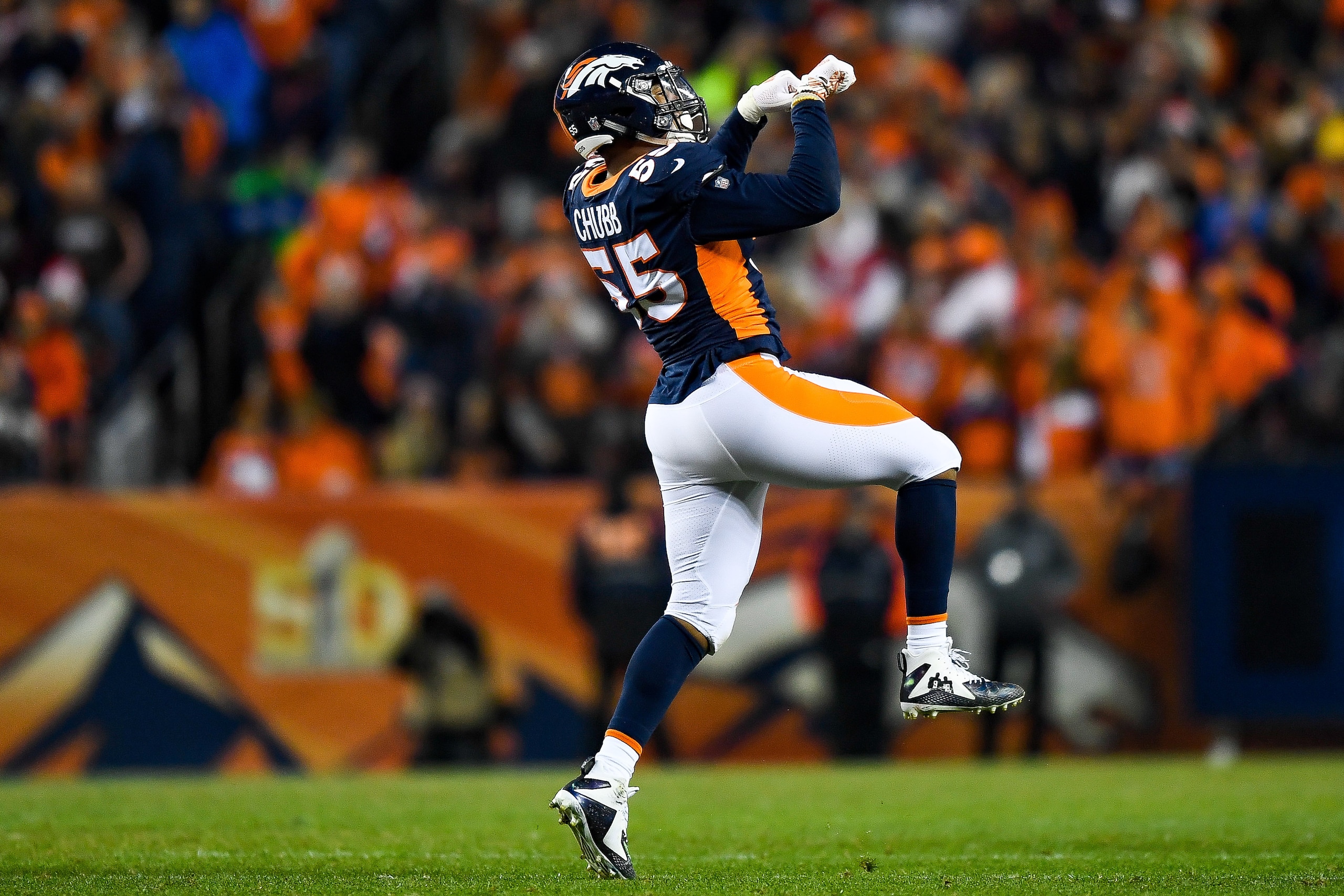 DENVER, CO - DECEMBER 15:  Outside linebacker Bradley Chubb #55 of the Denver Broncos celebrates after a second quarter sack against the Cleveland Browns at Broncos Stadium at Mile High on December 15, 2018 in Denver, Colorado. (Photo by Dustin Bradford/G