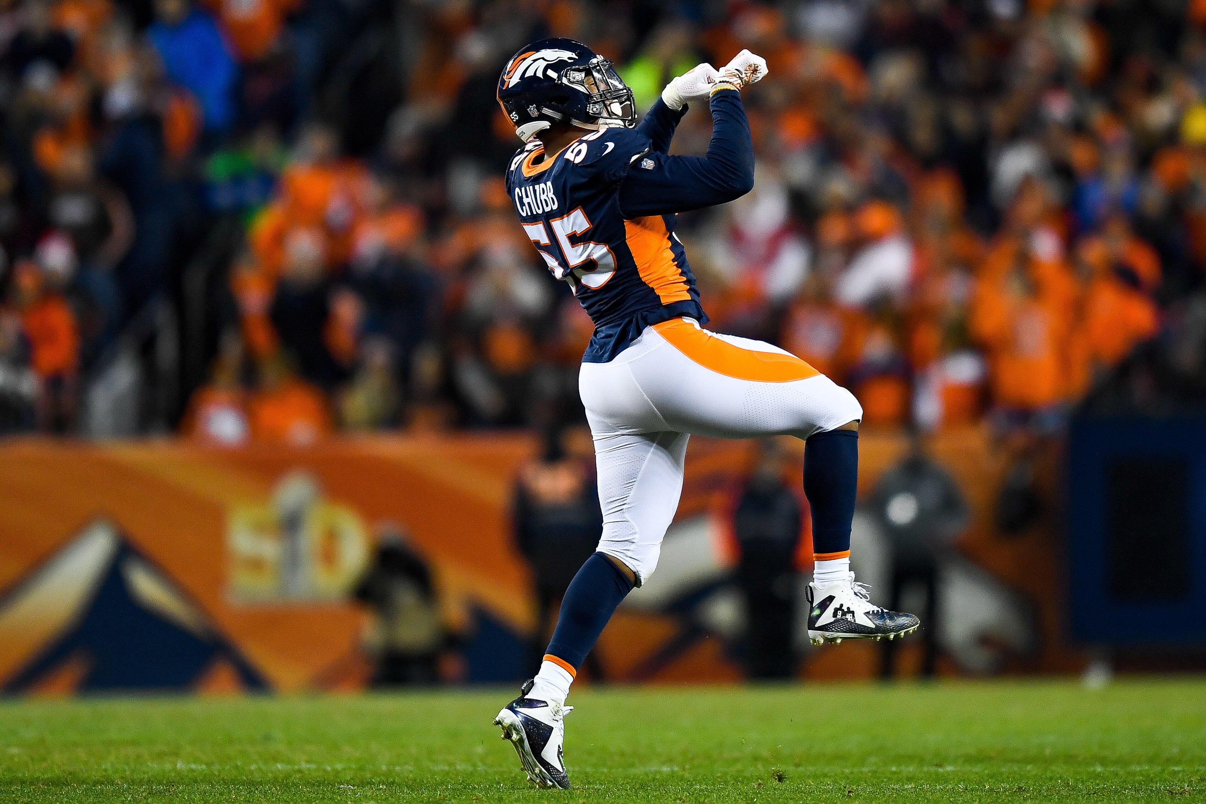 DENVER, CO - DECEMBER 15:  Outside linebacker Bradley Chubb #55 of the Denver Broncos celebrates after a second quarter sack against the Cleveland Browns at Broncos Stadium at Mile High on December 15, 2018 in Denver, Colorado. (Photo by Dustin Bradford/G