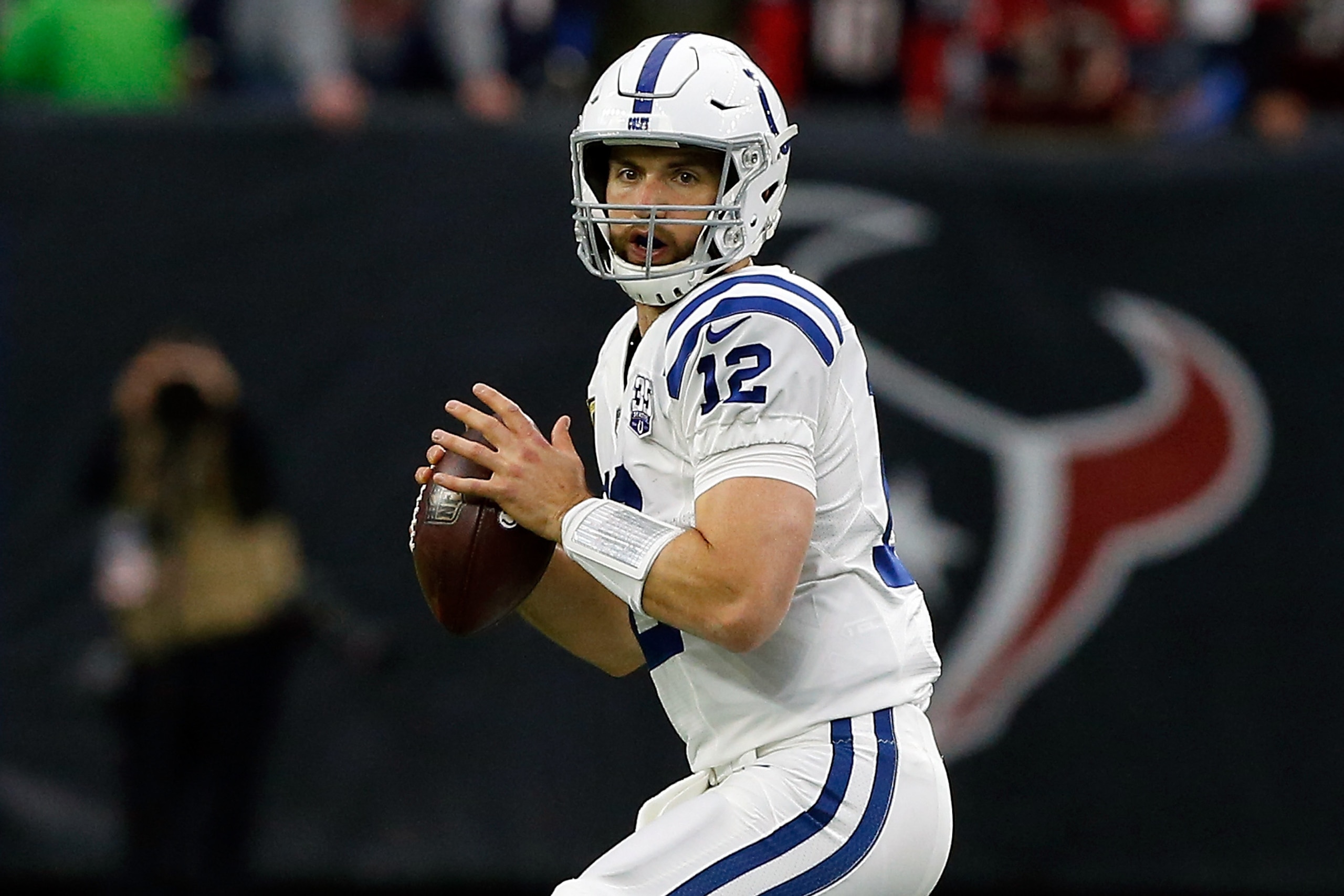 HOUSTON, TX - DECEMBER 09: Andrew Luck #12 of the Indianapolis Colts during the third quarter against the Houston Texans at NRG Stadium on December 9, 2018 in Houston, Texas. (Photo by Bob Levey/Getty Images)