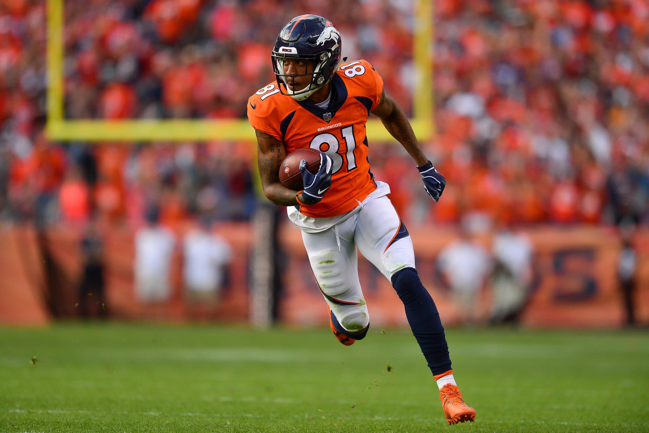 DENVER, CO - SEPTEMBER 16: Wide receiver Tim Patrick #81 of the Denver Broncos runs after a fourth quarter reception against the Oakland Raiders at Broncos Stadium at Mile High on September 16, 2018 in Denver, Colorado. (Photo by Dustin Bradford/Getty Im DENVER, CO - SEPTEMBER 16: Wide receiver Tim Patrick #81 of the Denver Broncos runs after a fourth quarter reception against the Oakland Raiders at Broncos Stadium at Mile High on September 16, 2018 in Denver, Colorado. (Photo by Dustin Bradford/Getty Im