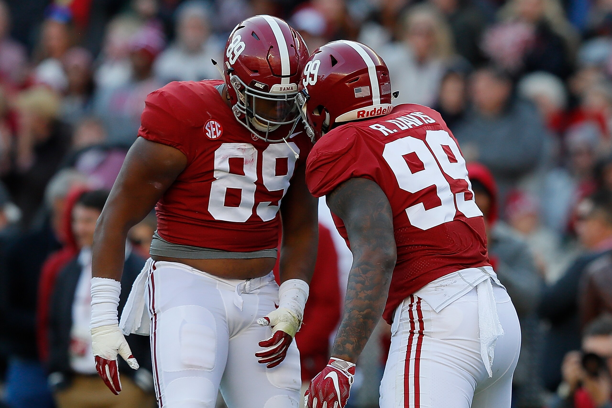 TUSCALOOSA, AL - NOVEMBER 10:  LaBryan Ray #89 and Raekwon Davis #99 of the Alabama Crimson Tide reacts after a defensive stop against the Mississippi State Bulldogs at Bryant-Denny Stadium on November 10, 2018 in Tuscaloosa, Alabama.  (Photo by Kevin C. 