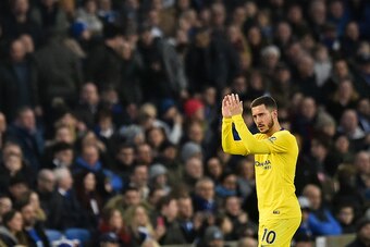 Chelsea's Belgian midfielder Eden Hazard applauds the fans as he leaves the pitch after being substituted off during the English Premier League football match between Brighton and Hove Albion and Chelsea at the American Express Community Stadium in Bright