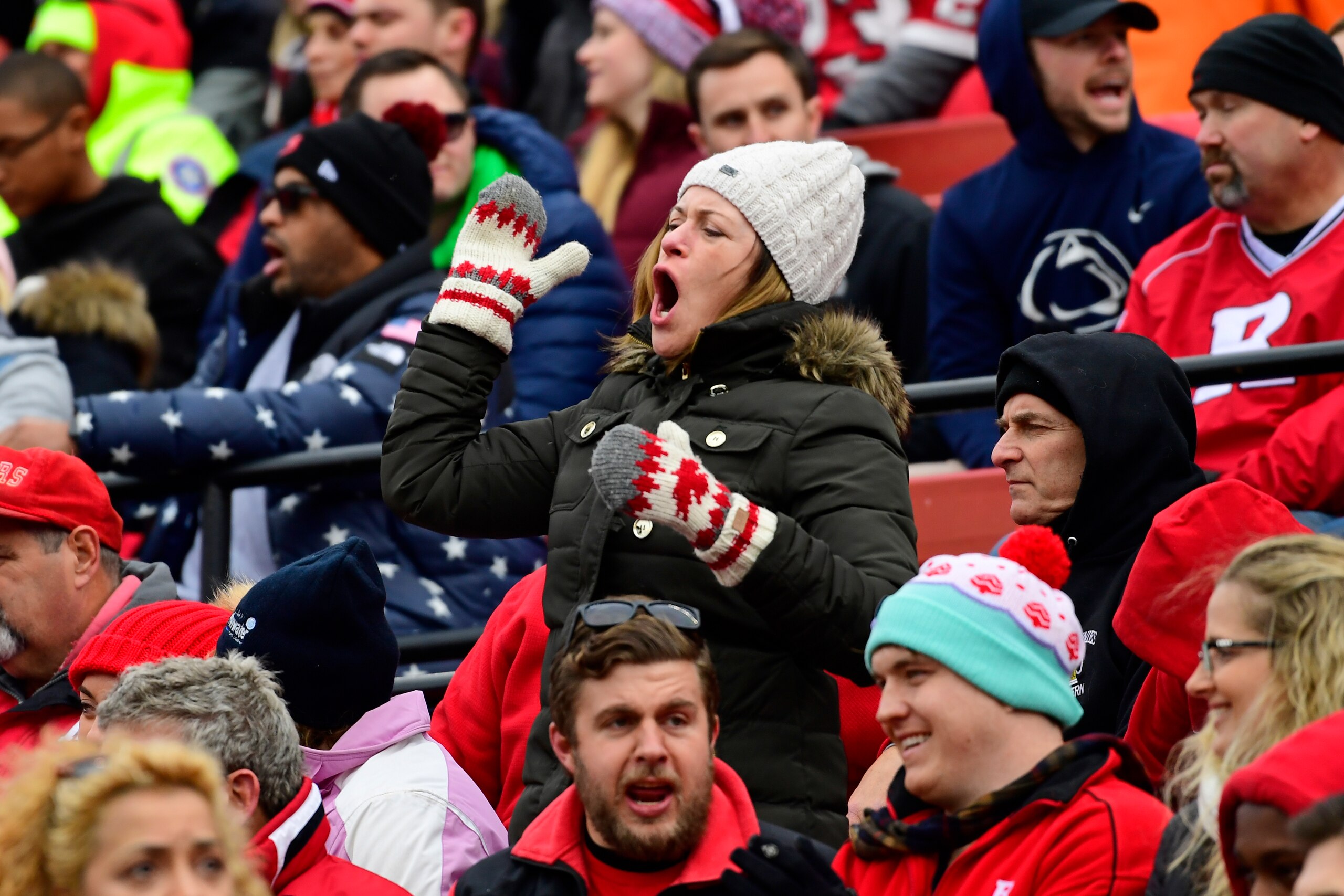 PISCATAWAY, NJ - NOVEMBER 17: A Rutgers Scarlet Knights fan yells during the first quarter at HighPoint.com Stadium on November 17, 2018 in Piscataway, New Jersey. Penn State won 20-7. (Photo by Corey Perrine/Getty Images)
