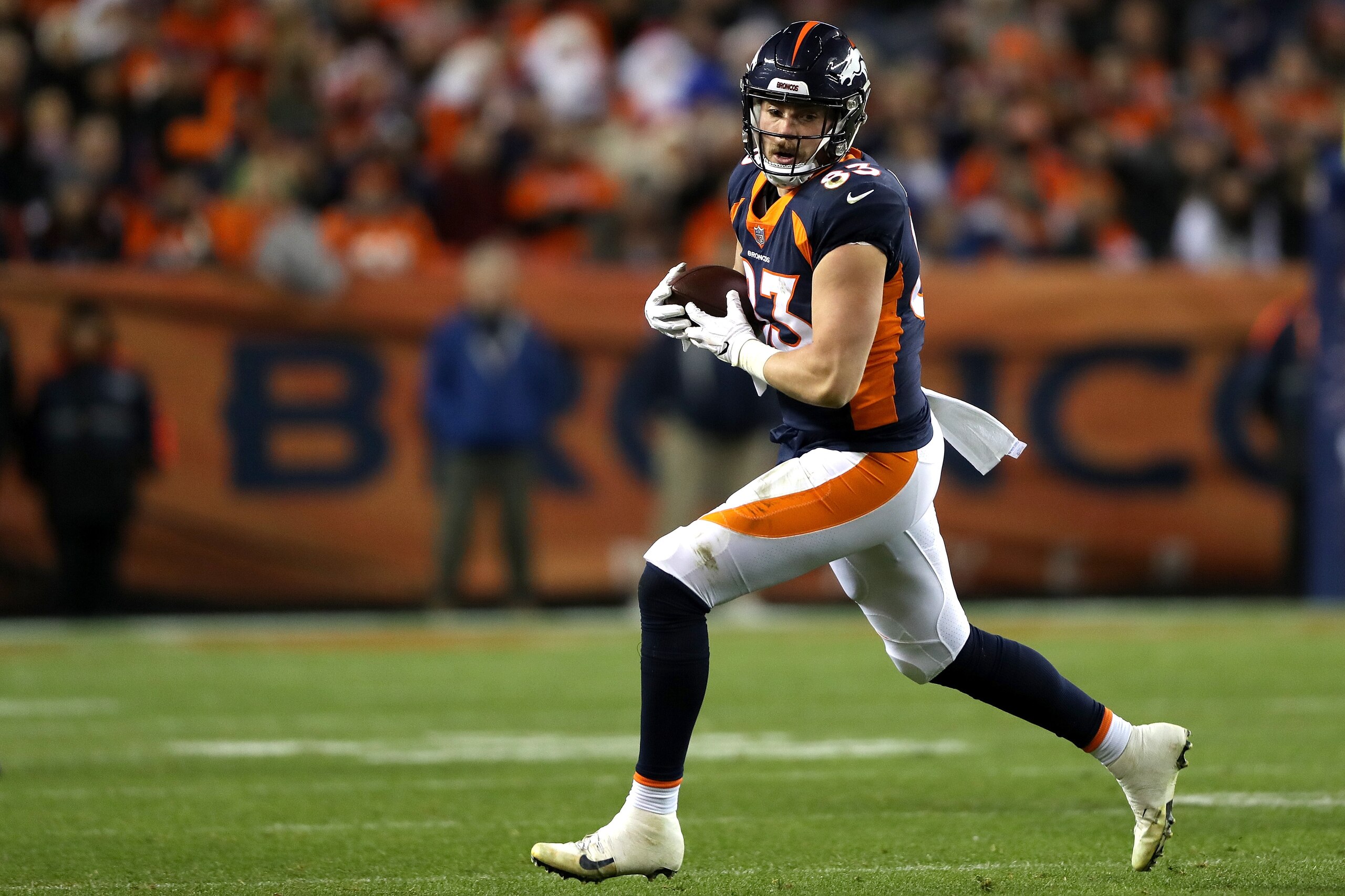 DENVER, COLORADO - DECEMBER 15: Matt LaCosse #83 of the Denver Broncos carries the ball against the Cleveland Browns at Broncos Stadium at Mile High on December 15, 2018 in Denver, Colorado. (Photo by Matthew Stockman/Getty Images)