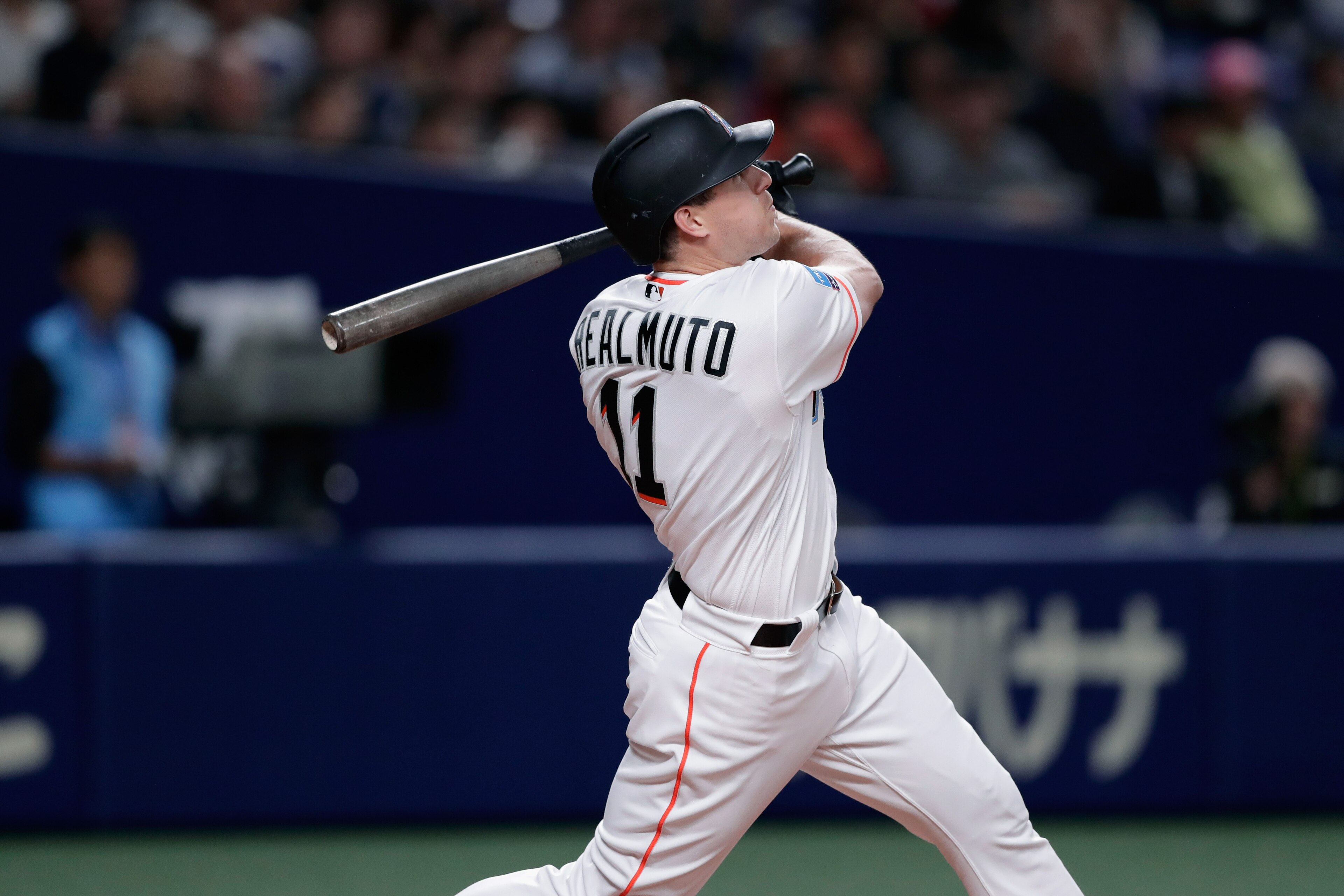 NAGOYA, JAPAN - NOVEMBER 15: Deesignated hitter J.T. Realmuto #11 of the Miami Marlins flies out in the bottom of 5th inning during the game six between Japan and MLB All Stars at Nagoya Dome on November 15, 2018 in Nagoya, Aichi, Japan.  (Photo by Kiyosh
