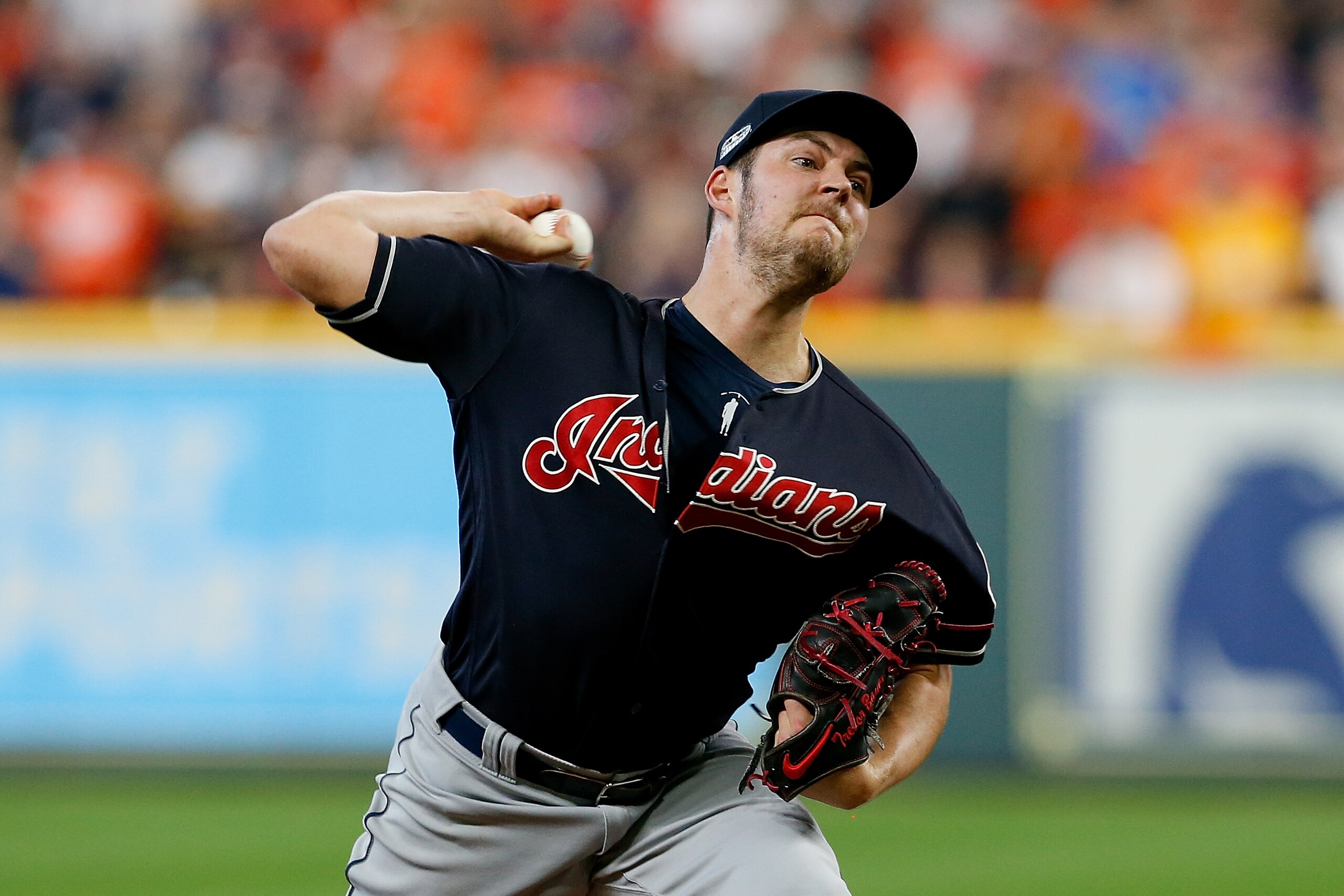 HOUSTON, TX - OCTOBER 06:  Trevor Bauer #47 of the Cleveland Indians delivers a pitch in the sixth inning against the Houston Astros during Game Two of the American League Division Series at Minute Maid Park on October 6, 2018 in Houston, Texas.  (Photo b
