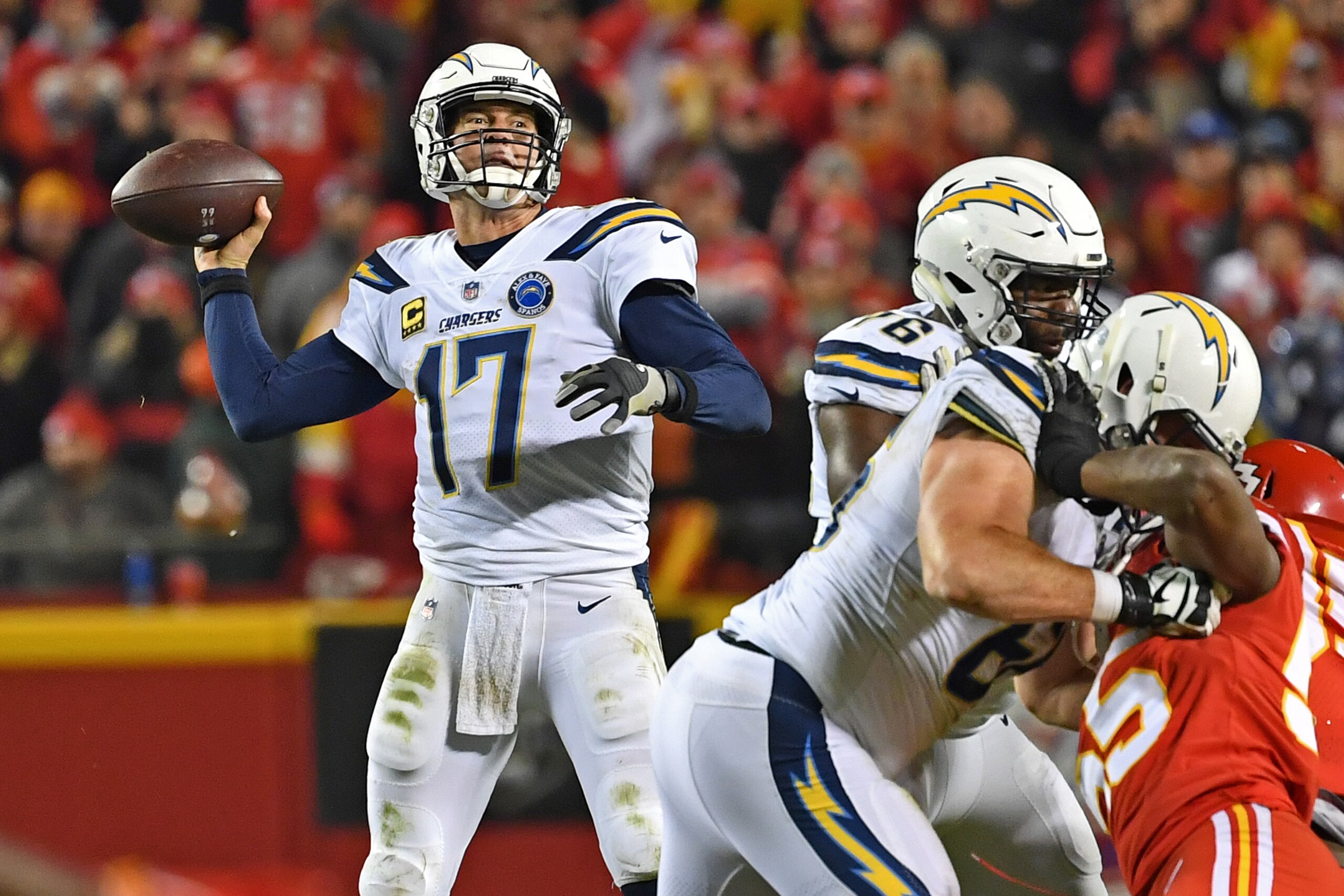 KANSAS CITY, MO - DECEMBER 13:  Quarterback Philip Rivers #17 of the Los Angeles Chargers throws a pass during the second half against the Kansas City Chiefs on December 13, 2018 at Arrowhead Stadium in Kansas City, Missouri.  (Photo by Peter G. Aiken/Get