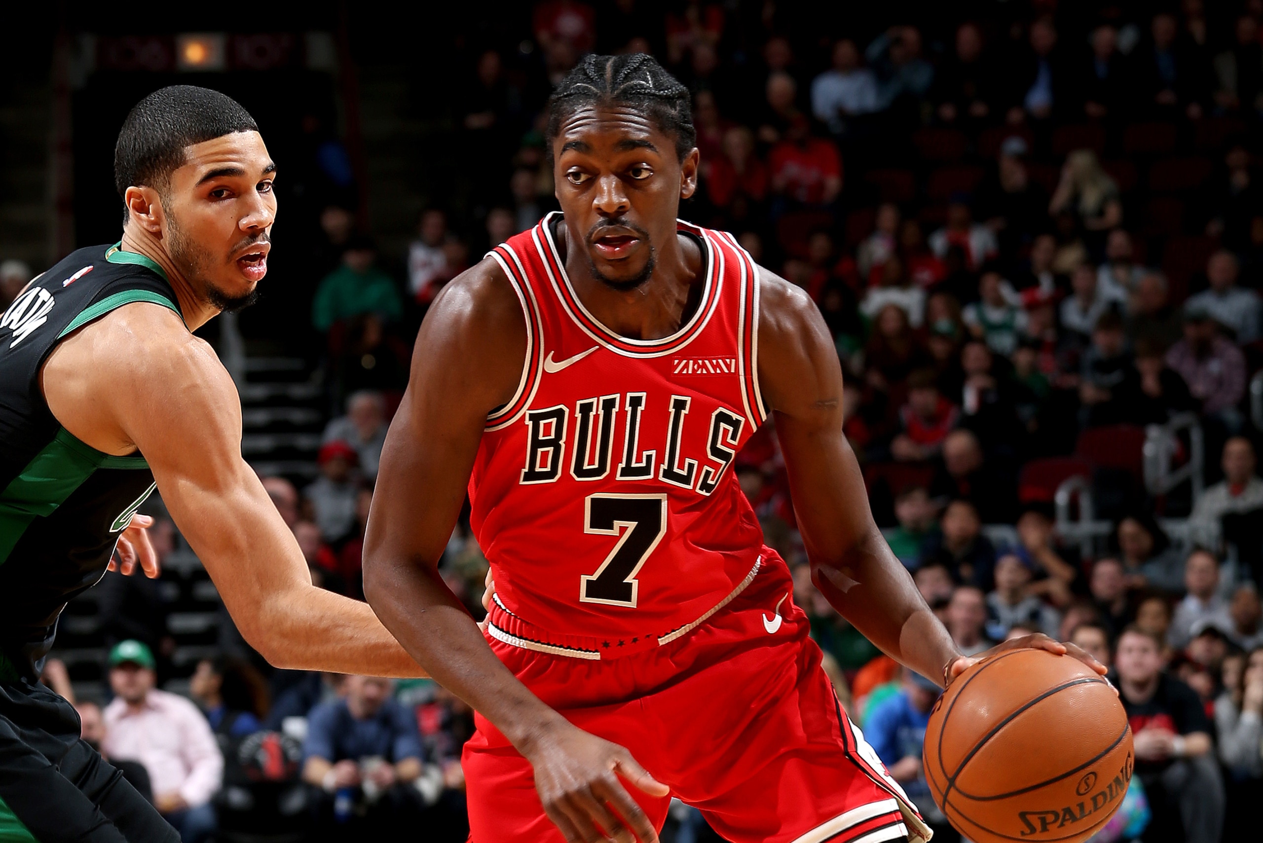 CHICAGO, IL - DECEMBER 8: Justin Holiday #7 of the Chicago Bulls handles the ball against the Boston Celtics on December 8, 2018 at the United Center in Chicago, Illinois. NOTE TO USER: User expressly acknowledges and agrees that, by downloading and or us CHICAGO, IL - DECEMBER 8: Justin Holiday #7 of the Chicago Bulls handles the ball against the Boston Celtics on December 8, 2018 at the United Center in Chicago, Illinois. NOTE TO USER: User expressly acknowledges and agrees that, by downloading and or us