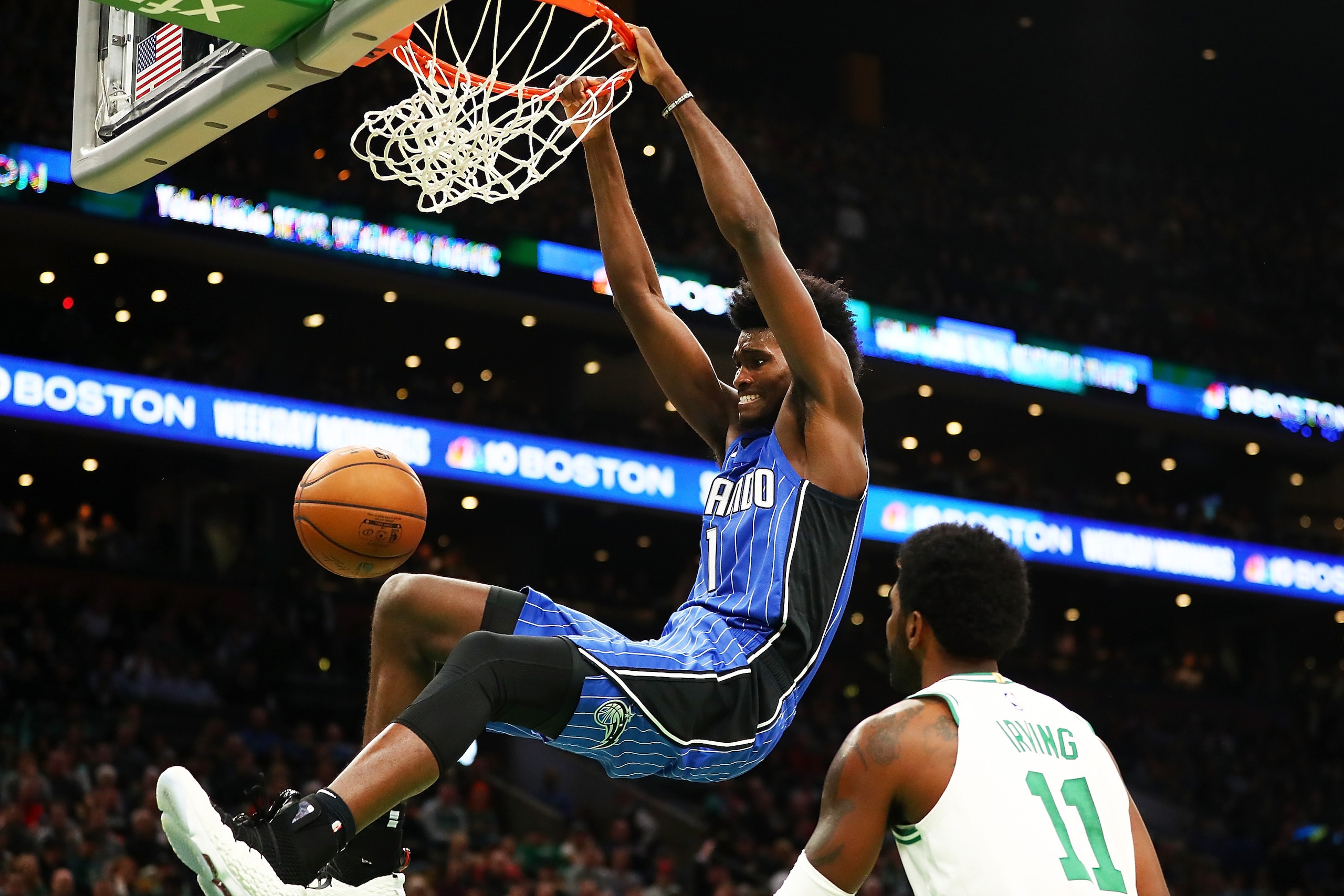 BOSTON, MA - OCTOBER 22: Jonathan Isaac #1 of the Orlando Magic dunks the ball over Kyrie Irving #11 of the Boston Celtics in the second quarter of a game at TD Garden on October 22, 2018 in Boston, Massachusetts. NOTE TO USER: User expressly acknowledge BOSTON, MA - OCTOBER 22: Jonathan Isaac #1 of the Orlando Magic dunks the ball over Kyrie Irving #11 of the Boston Celtics in the second quarter of a game at TD Garden on October 22, 2018 in Boston, Massachusetts. NOTE TO USER: User expressly acknowledge