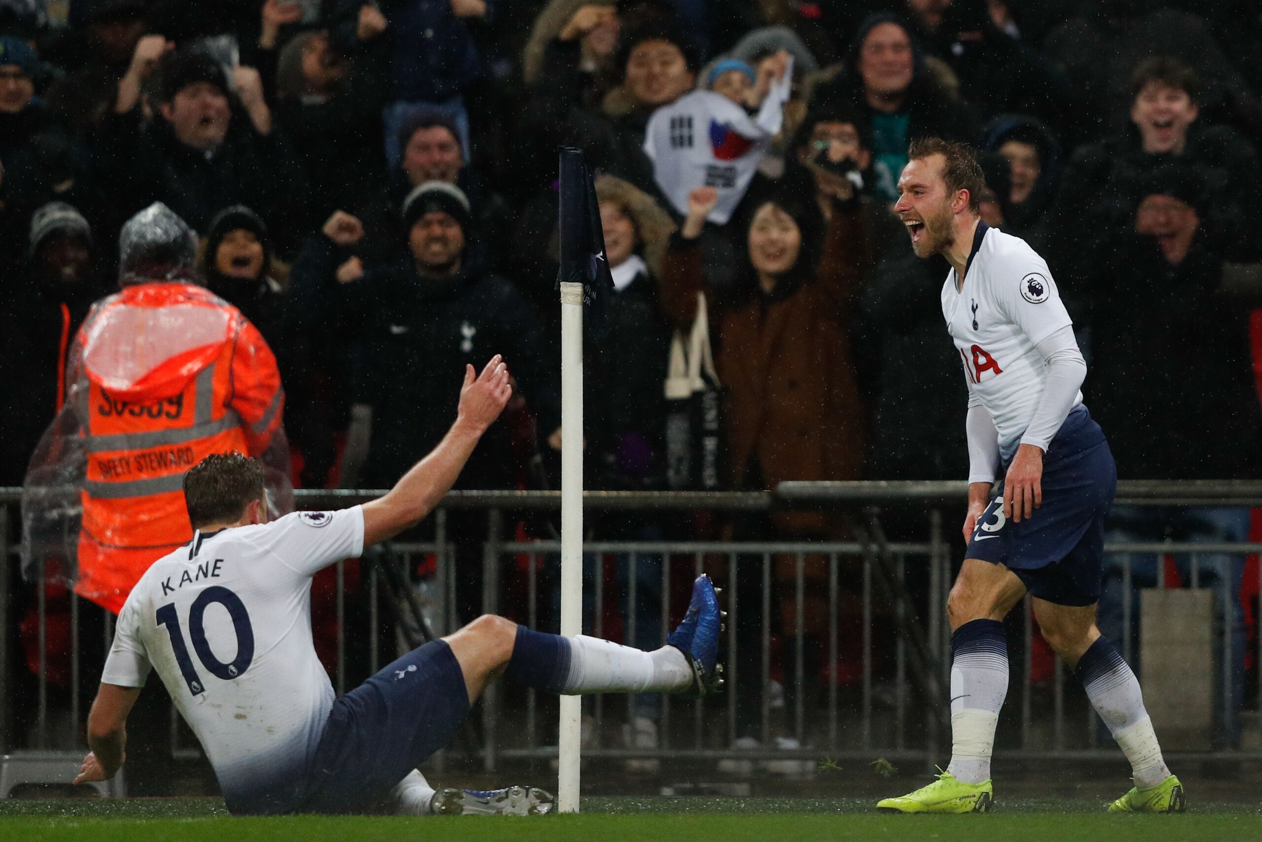 Tottenham Hotspur's Danish midfielder Christian Eriksen (R) celebrates scoring the opening goal during the English Premier League football match between Tottenham Hotspur and Burnley at Wembley Stadium in London on December 15, 2018. (Photo by Adrian DENN Tottenham Hotspur's Danish midfielder Christian Eriksen (R) celebrates scoring the opening goal during the English Premier League football match between Tottenham Hotspur and Burnley at Wembley Stadium in London on December 15, 2018. (Photo by Adrian DENN