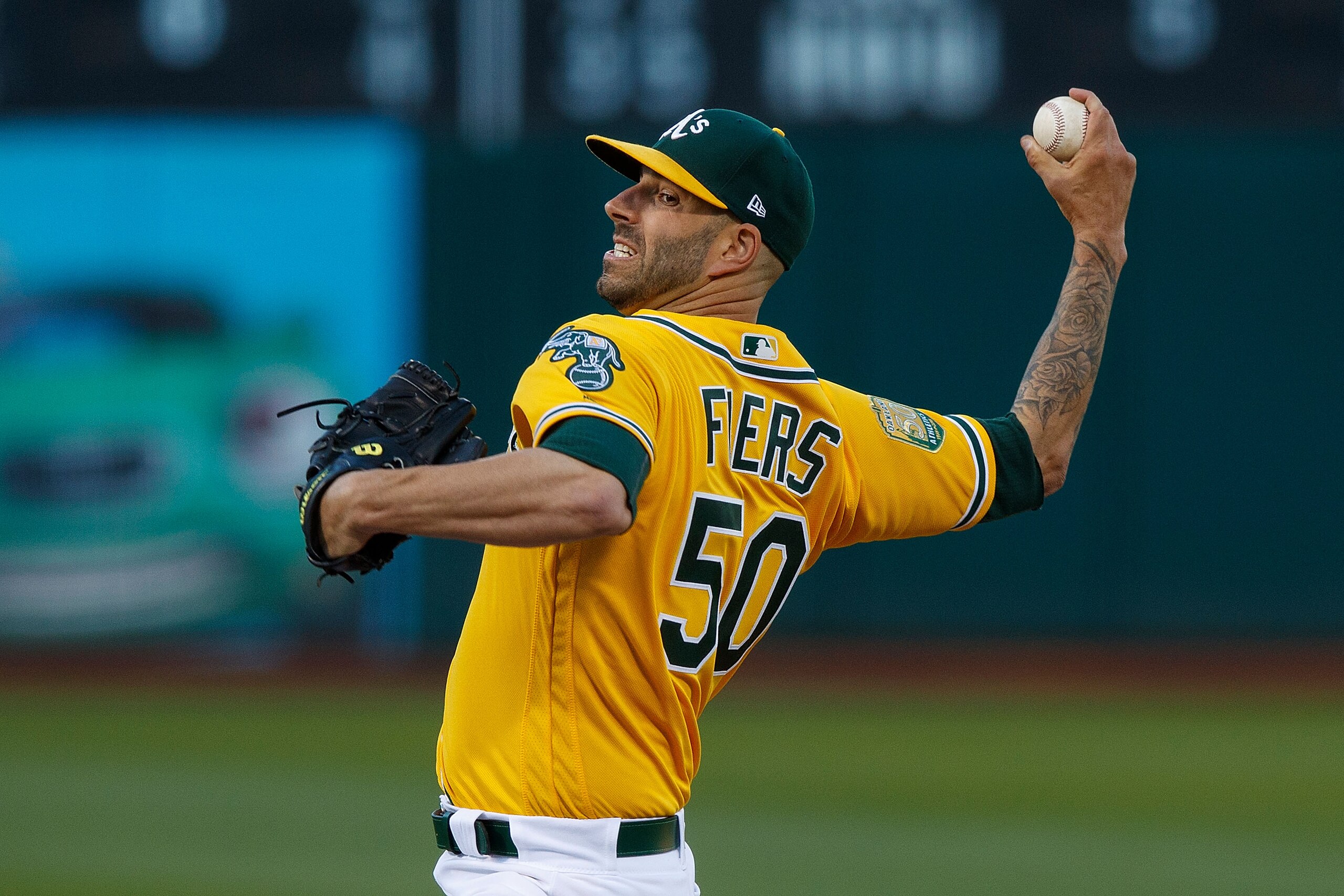 OAKLAND, CA - SEPTEMBER 22:  Mike Fiers #50 of the Oakland Athletics pitches against the Minnesota Twins during the first inning at the Oakland Coliseum on September 22, 2018 in Oakland, California. The Oakland Athletics defeated the Minnesota Twins 3-2. 