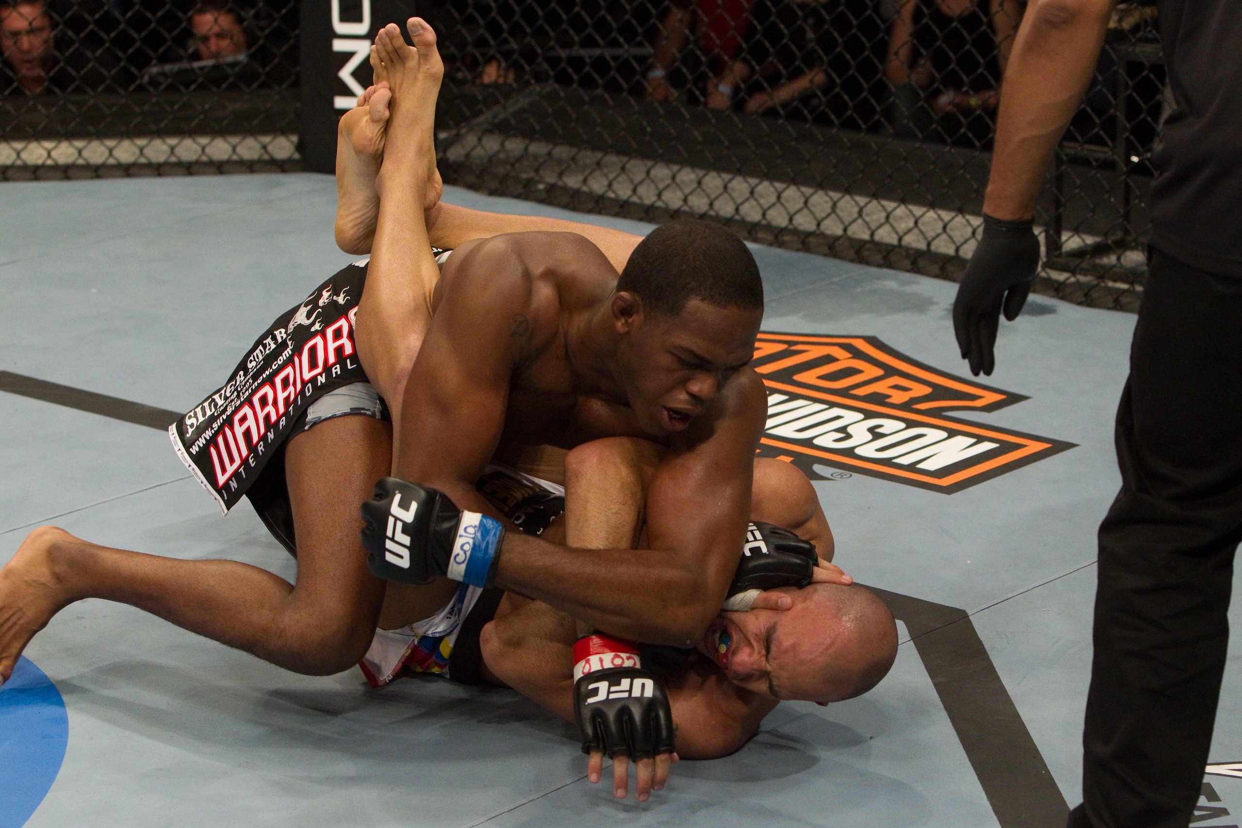 BROOMFIELD, CO - MARCH 21:  Jon Jones (black shorts) def. Brandon Vera (white/red/yellow/blue shorts) - TKO - 3:19 round 1 during UFC on Versus 1 at 1stBank Center on March 21, 2010 in Broomfield, Colorado. (Photo by Josh Hedges/Zuffa LLC via Getty Images
