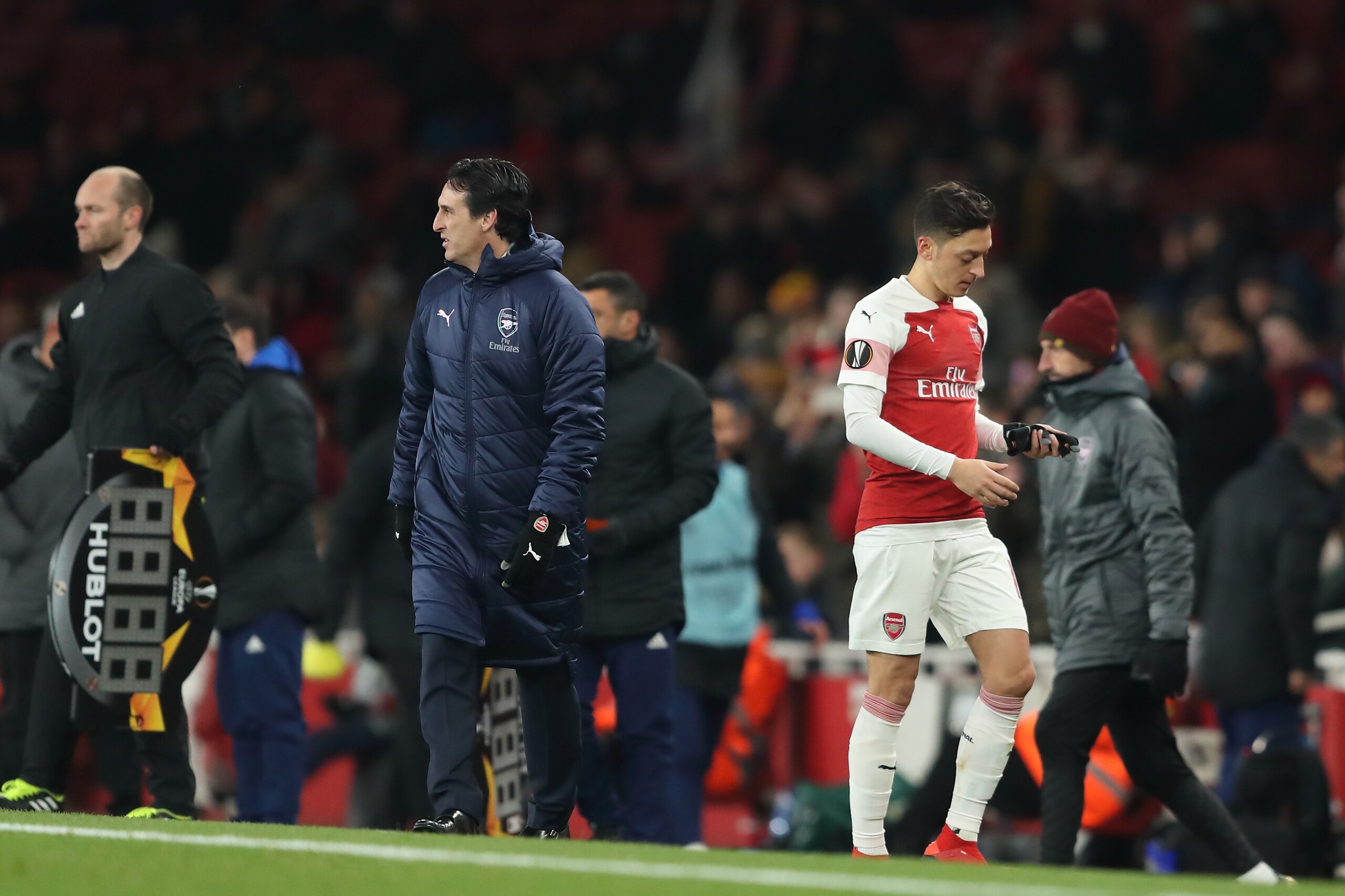LONDON, ENGLAND - DECEMBER 13: Arsenal manager \ Head coach Unai Emery and Mesut Ozil of Arsenal during the UEFA Europa League Group E match between Arsenal and Qarabag FK at Emirates Stadium on December 13, 2018 in London, United Kingdom. Photo by James LONDON, ENGLAND - DECEMBER 13: Arsenal manager \ Head coach Unai Emery and Mesut Ozil of Arsenal during the UEFA Europa League Group E match between Arsenal and Qarabag FK at Emirates Stadium on December 13, 2018 in London, United Kingdom. Photo by James