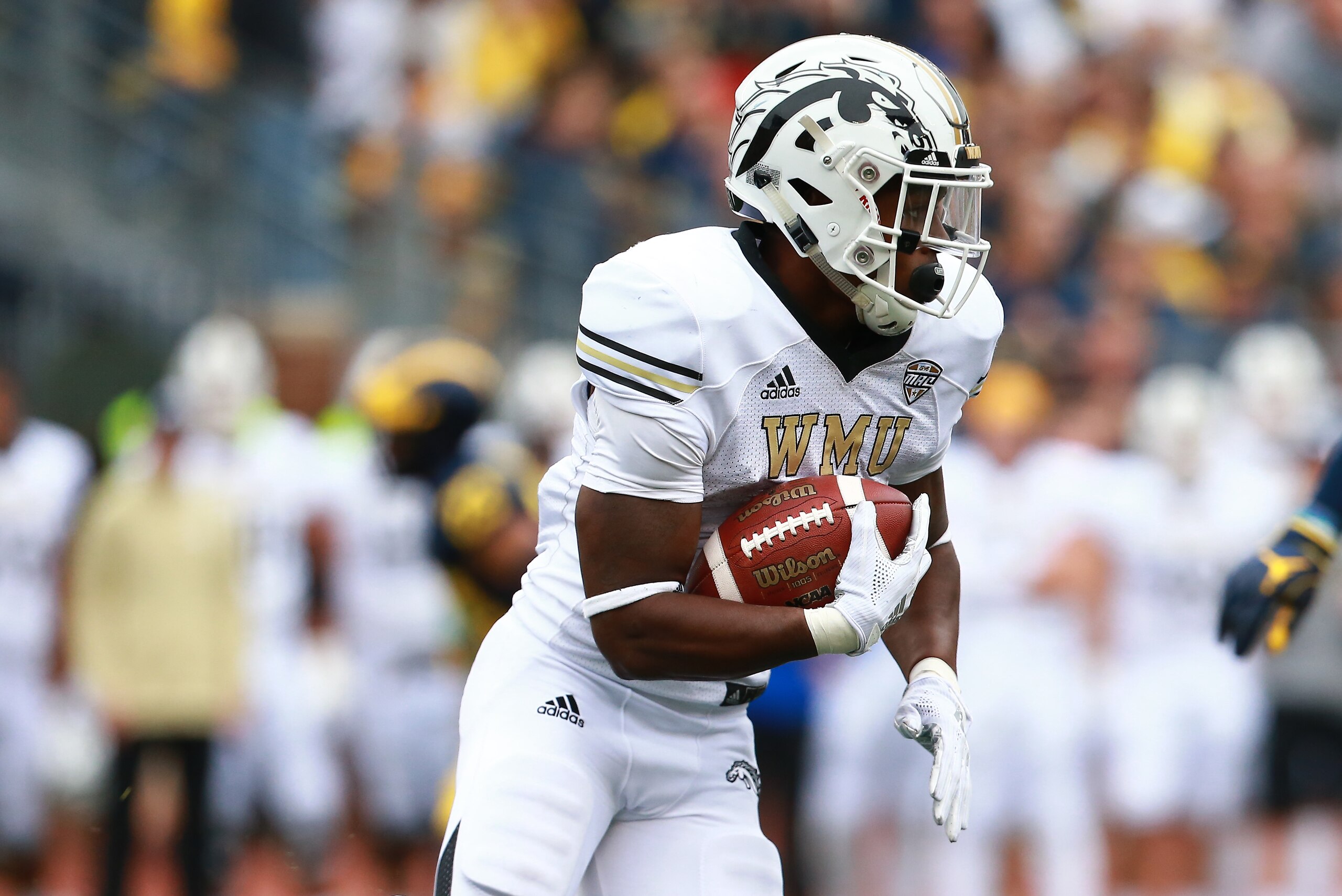 ANN ARBOR, MI - SEPTEMBER 08: Levante Bellamy #2 of the Western Michigan Broncos runs the ball during the game against the Michigan Wolverines at Michigan Stadium on September 8, 2018 in Ann Arbor, Michigan. (Photo by Rey Del Rio/Getty Images)