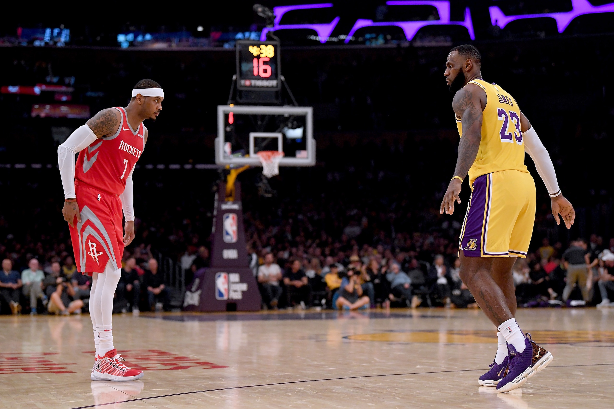 LOS ANGELES, CA - OCTOBER 20:  LeBron James #23 of the Los Angeles Lakers guards Carmelo Anthony #7 of the Houston Rockets during the second quarter at Staples Center on October 20, 2018 in Los Angeles, California.  (Photo by Harry How/Getty Images)