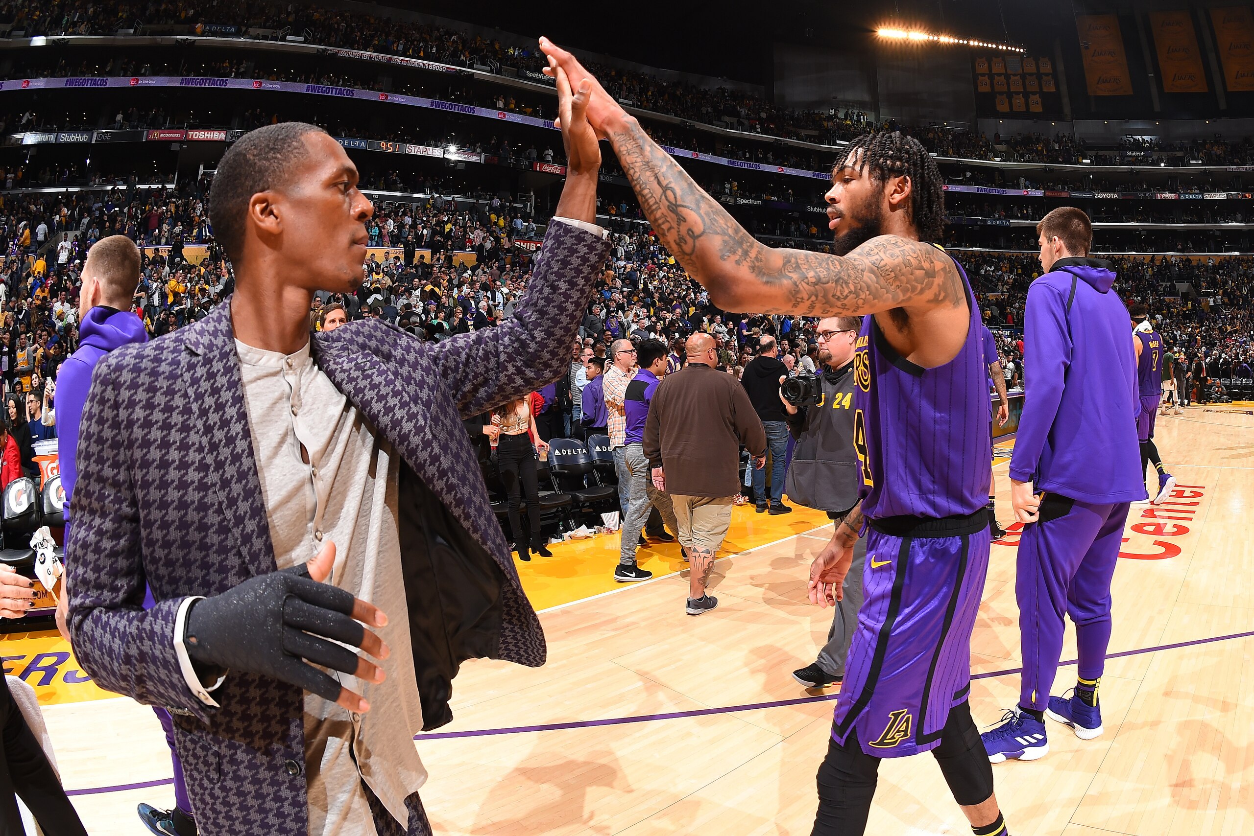 LOS ANGELES, CA - NOVEMBER 23: Rajon Rondo #9 of the Los Angeles Lakers and Brandon Ingram #14 of the Los Angeles Lakers during a game against the Utah Jazz on November 23, 2018 at STAPLES Center in Los Angeles, California. NOTE TO USER: User expressly ac