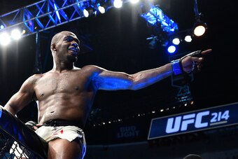 ANAHEIM, CA - JULY 29:  Jon Jones celebrates after defeating Daniel Cormier in their UFC light heavyweight championship bout during the UFC 214 event inside the Honda Center on July 29, 2017 in Anaheim, California. (Photo by Jeff Bottari/Zuffa LLC/Zuffa L