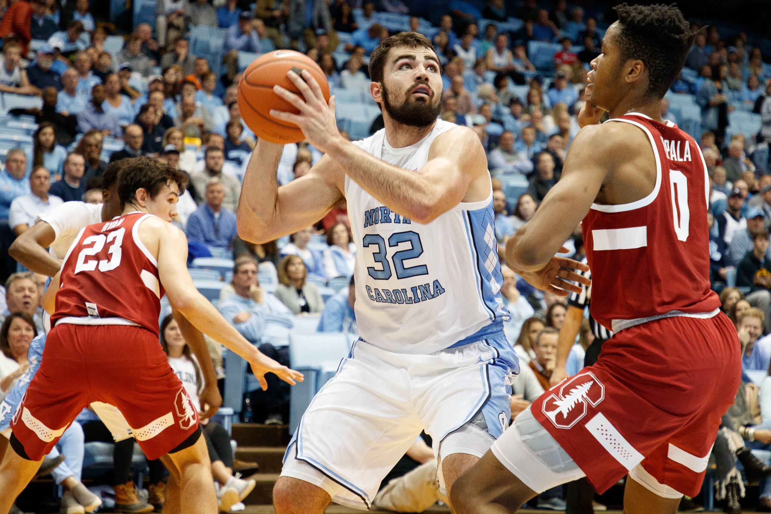 CHAPEL HILL, NC - NOVEMBER 12: Luke Maye #32 of the North Carolina Tar Heels carries the ball during a game against the Stanford Cardinal on November 12, 2018 at the Dean Smith Center in Chapel Hill, North Carolina. North Carolina won 90-72. (Photo by Pey