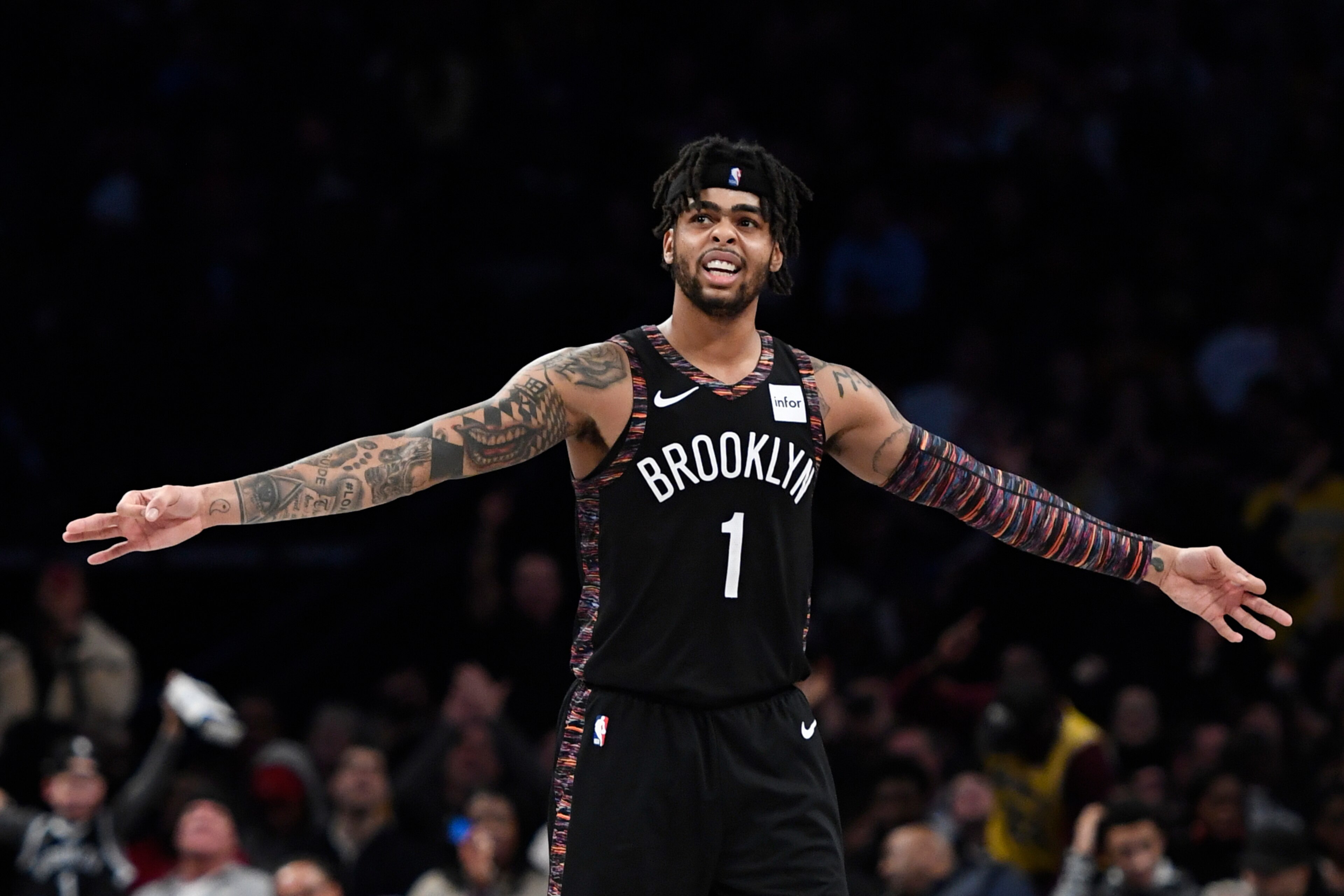 NEW YORK, NEW YORK - DECEMBER 18: D'Angelo Russell #1 of the Brooklyn Nets reacts during the final minutes of the fourth quarter of the game against the Los Angeles Lakers at Barclays Center on December 18, 2018 in New York City. The Nets defeat the Los A