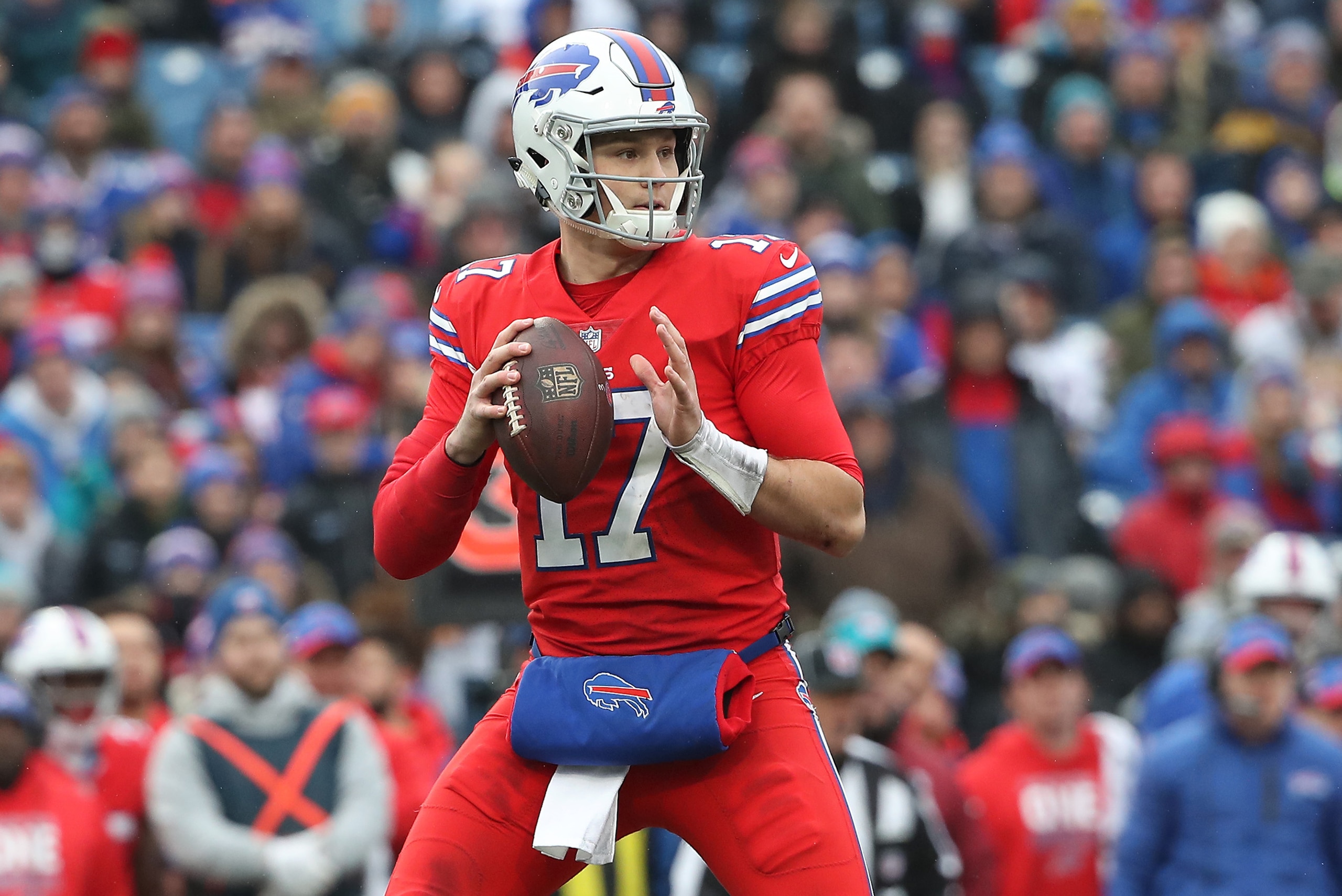 BUFFALO, NY - DECEMBER 16: Josh Allen #17 of the Buffalo Bills drops back as he looks for an option in the first quarter during NFL game action against the Detroit Lions at New Era Field on December 16, 2018 in Buffalo, New York. (Photo by Tom Szczerbowsk BUFFALO, NY - DECEMBER 16: Josh Allen #17 of the Buffalo Bills drops back as he looks for an option in the first quarter during NFL game action against the Detroit Lions at New Era Field on December 16, 2018 in Buffalo, New York. (Photo by Tom Szczerbowsk