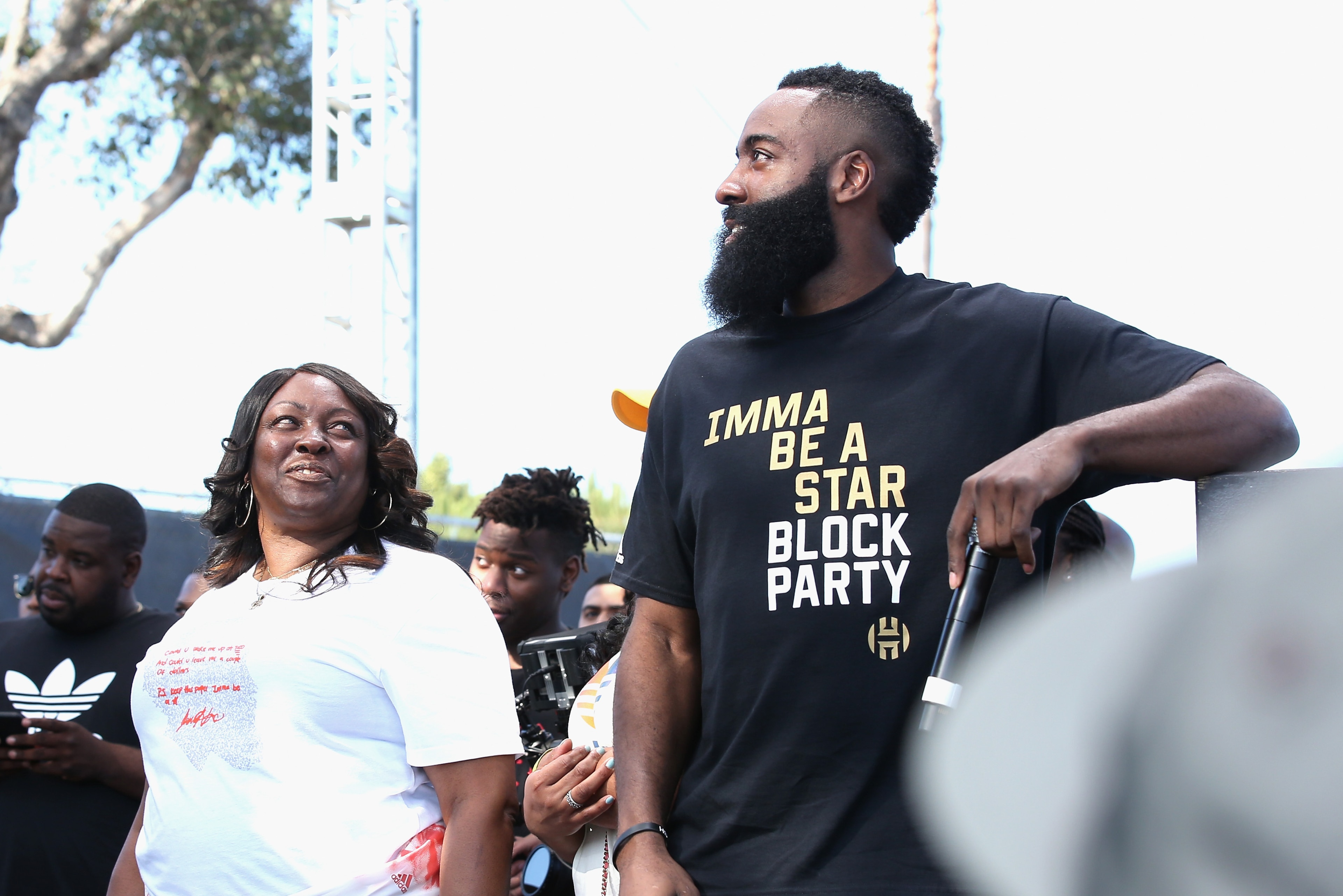 LOS ANGELES, CA - JUNE 24: James Harden (R) and Monja Willis onstage at 'Imma Be a Star' Block Party at Audubon Middle School on June 24, 2018 in Los Angeles, California. (Photo by Phillip Faraone/Getty Images for adidas) LOS ANGELES, CA - JUNE 24: James Harden (R) and Monja Willis onstage at 'Imma Be a Star' Block Party at Audubon Middle School on June 24, 2018 in Los Angeles, California. (Photo by Phillip Faraone/Getty Images for adidas)