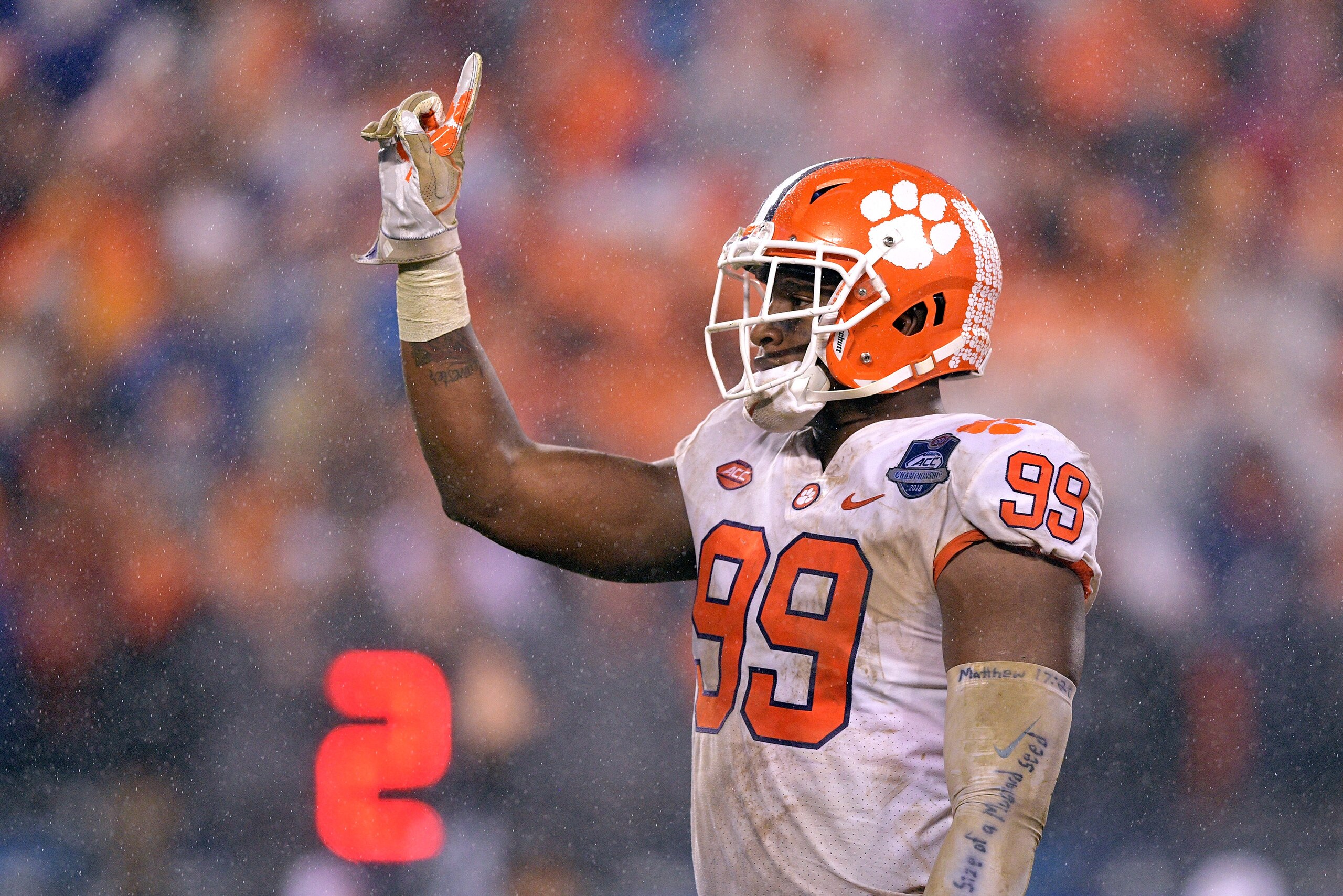 CHARLOTTE, NC - DECEMBER 01: Clelin Ferrell #99 of the Clemson Tigers reacts after making a tackle for a loss against the Pittsburgh Panthers during the first quarter of their game at Bank of America Stadium on December 1, 2018 in Charlotte, North Caroli CHARLOTTE, NC - DECEMBER 01: Clelin Ferrell #99 of the Clemson Tigers reacts after making a tackle for a loss against the Pittsburgh Panthers during the first quarter of their game at Bank of America Stadium on December 1, 2018 in Charlotte, North Caroli