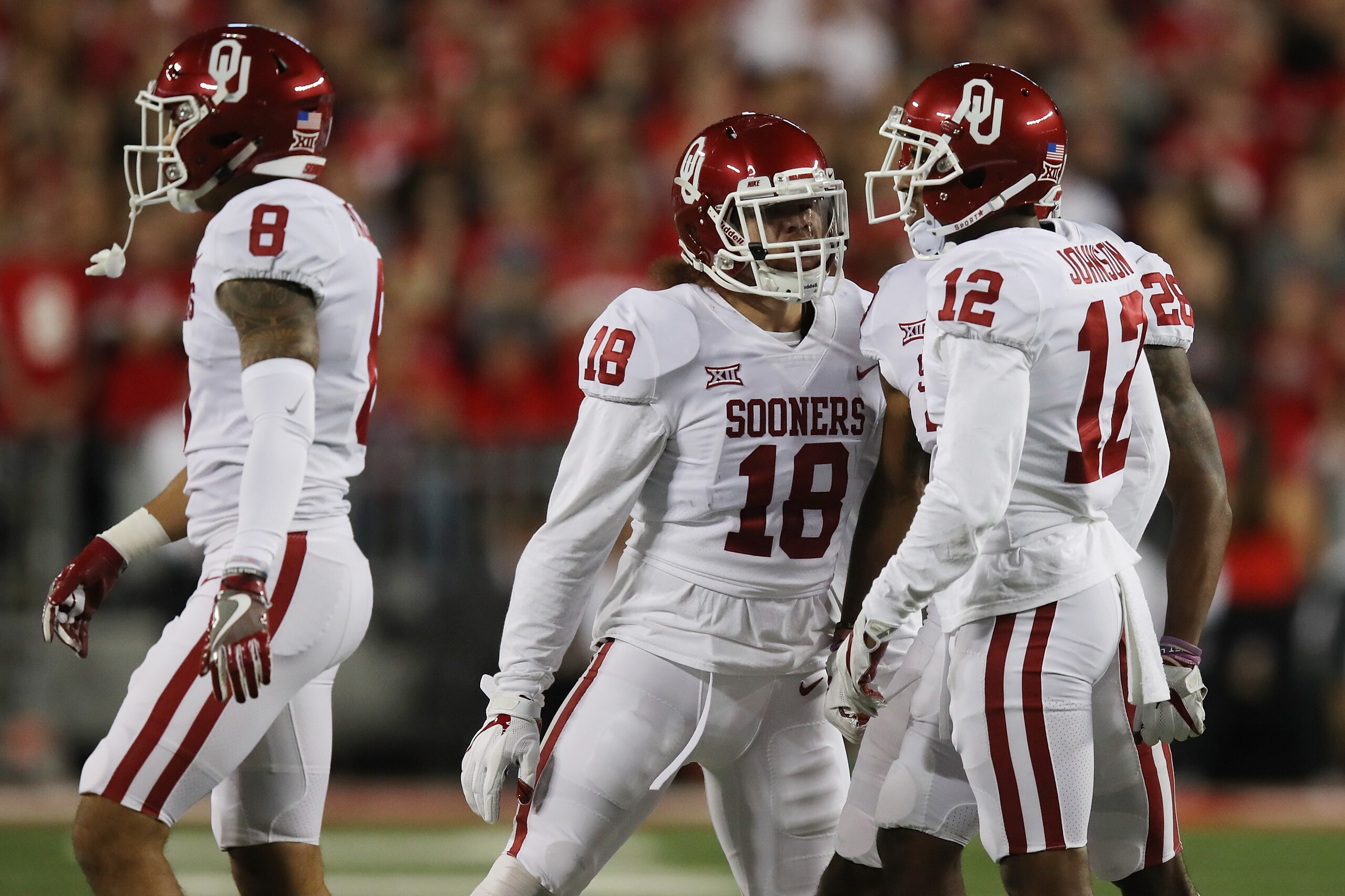 COLUMBUS, OH - SEPTEMBER 09:  Curtis Bolton #18 reacts with Will Johnson #12 of the Oklahoma Sooners during the first half against the Ohio State Buckeyes at Ohio Stadium on September 9, 2017 in Columbus, Ohio.  (Photo by Gregory Shamus/Getty Images)
