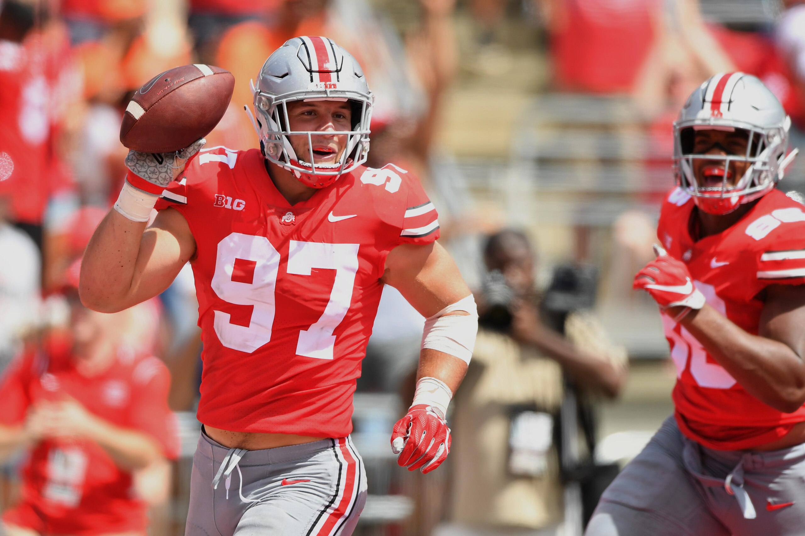 COLUMBUS, OH - SEPTEMBER 1: Nick Bosa #97 of the Ohio State Buckeyes celebrates after recovering a fumble in the end zone for a touchdown in the second quarter against the Oregon State Beavers at Ohio Stadium on September 1, 2018 in Columbus, Ohio. (Pho COLUMBUS, OH - SEPTEMBER 1: Nick Bosa #97 of the Ohio State Buckeyes celebrates after recovering a fumble in the end zone for a touchdown in the second quarter against the Oregon State Beavers at Ohio Stadium on September 1, 2018 in Columbus, Ohio. (Pho