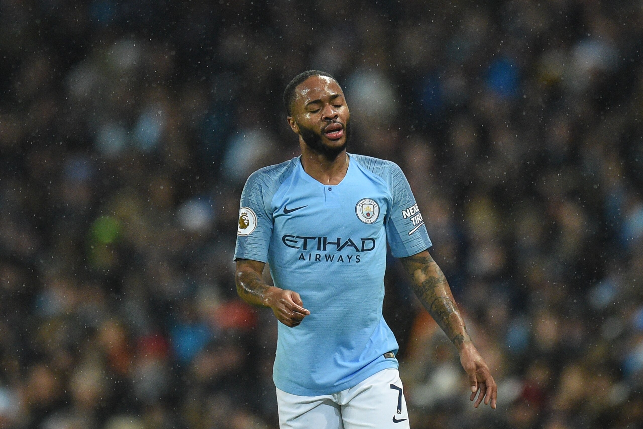 Manchester City's English midfielder Raheem Sterling reacts during the English Premier League football match between Manchester City and Crystal Palace at the Etihad Stadium in Manchester, north west England, on December 22, 2018. (Photo by Oli SCARFF / A