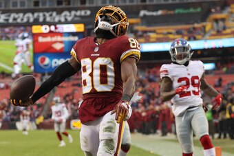 LANDOVER, MD - DECEMBER 09: Wide receiver Jamison Crowder #80 of the Washington Redskins celebrates a touchdown in the fourth quarter against the New York Giants at FedExField on December 9, 2018 in Landover, Maryland. (Photo by Patrick Smith/Getty Images