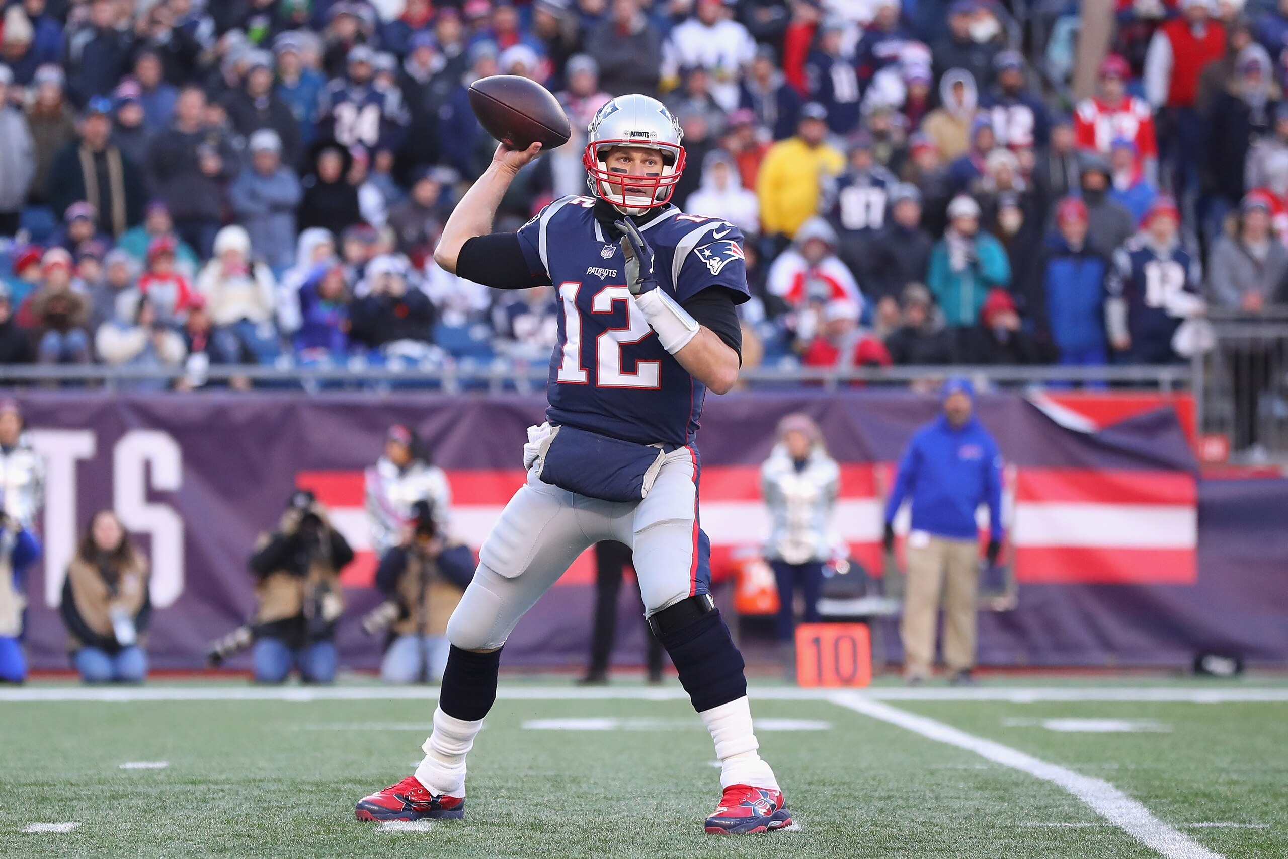 FOXBOROUGH, MA - DECEMBER 23:  Tom Brady #12 of the New England Patriots throws a pass during the second half against the Buffalo Bills at Gillette Stadium on December 23, 2018 in Foxborough, Massachusetts.  (Photo by Maddie Meyer/Getty Images)