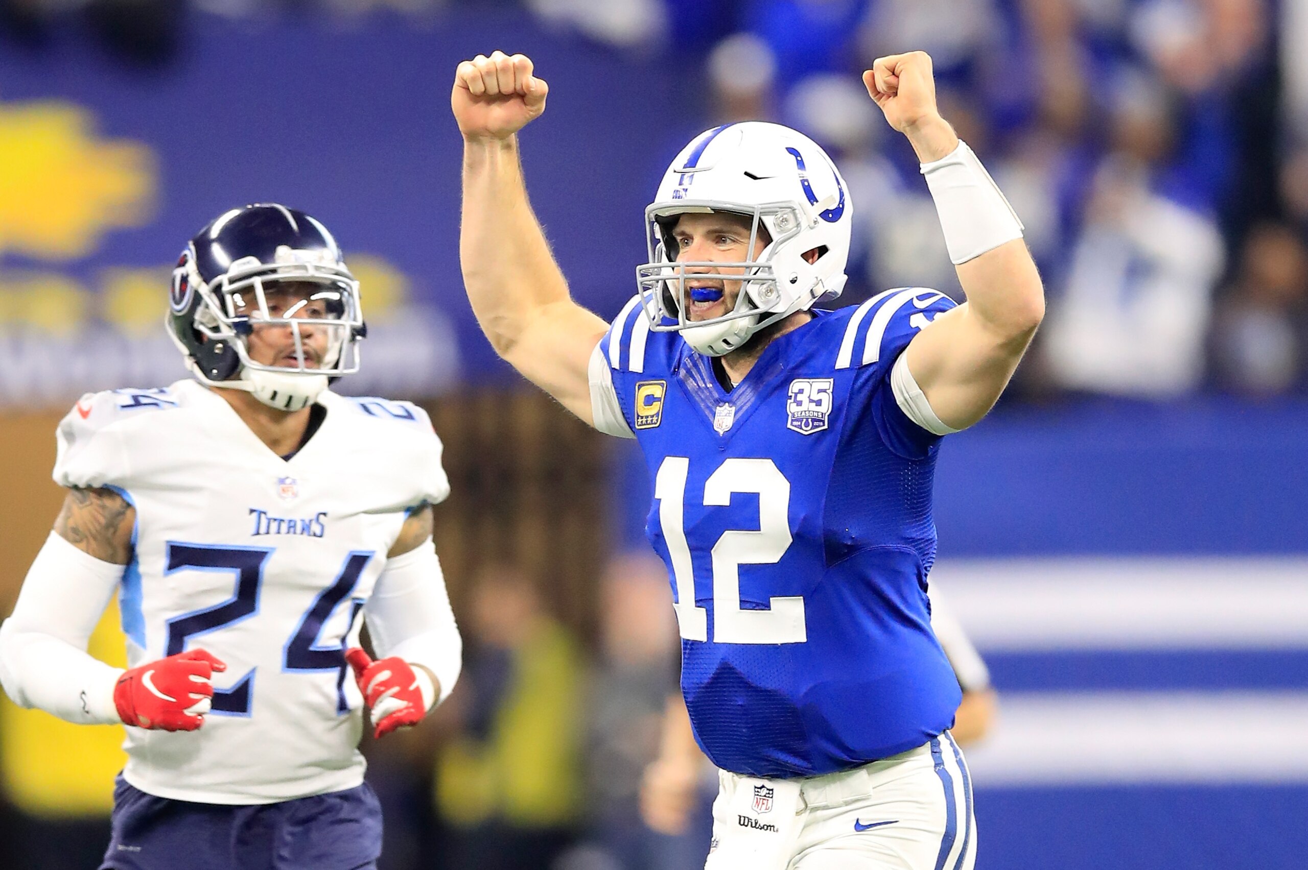 INDIANAPOLIS, IN - NOVEMBER 18:  Andrew Luck #12 of the Indianapolis Colts celebrates after a touch down against the Tennessee Titans at Lucas Oil Stadium on November 18, 2018 in Indianapolis, Indiana.  (Photo by Andy Lyons/Getty Images)
