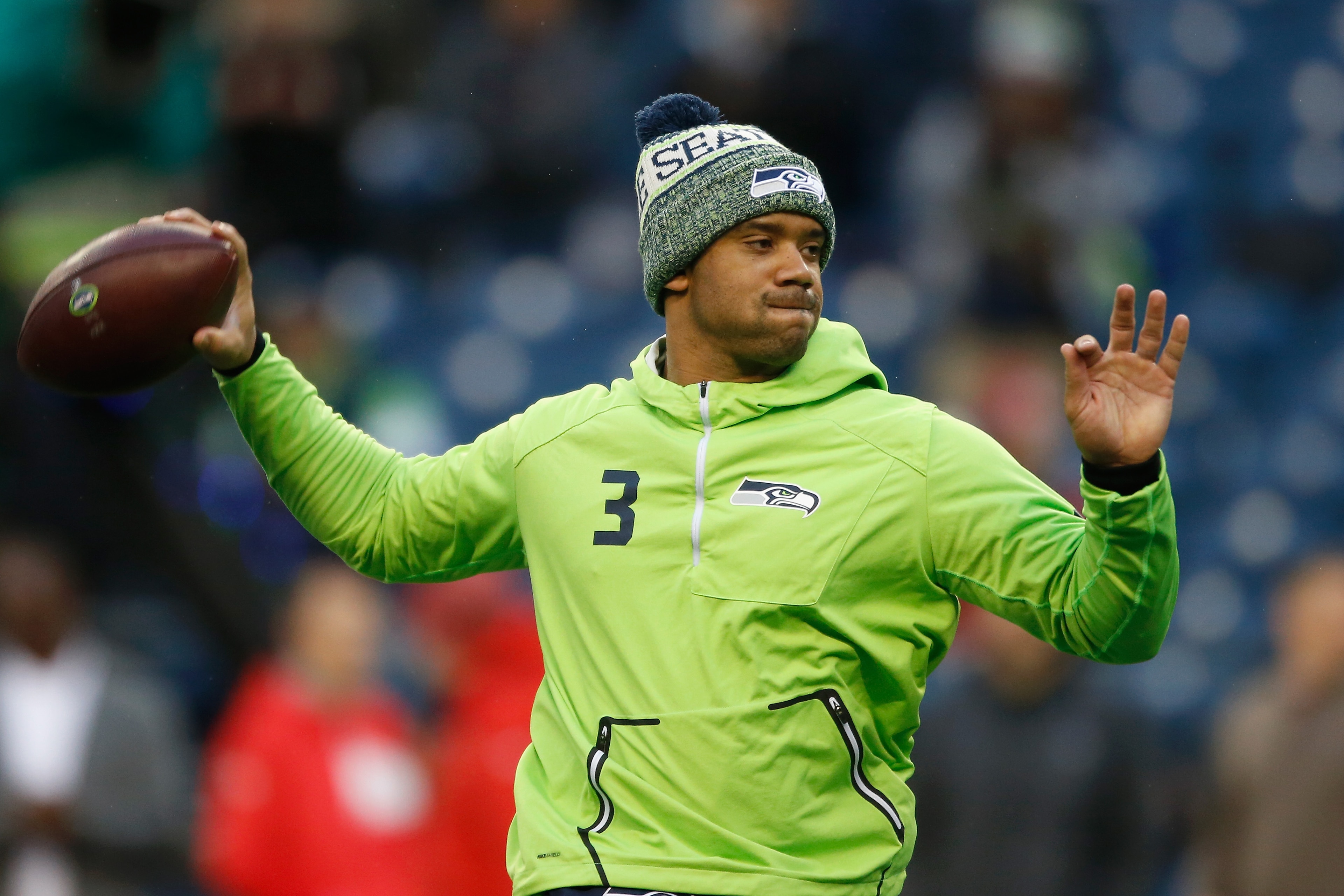 SEATTLE, WA - DECEMBER 23:  Quarterback Russell Wilson #3 of the Seattle Seahawks warms up before playing in the game against the Kansas City Chiefs at CenturyLink Field on December 23, 2018 in Seattle, Washington.  (Photo by Otto Greule Jr/Getty Images)
