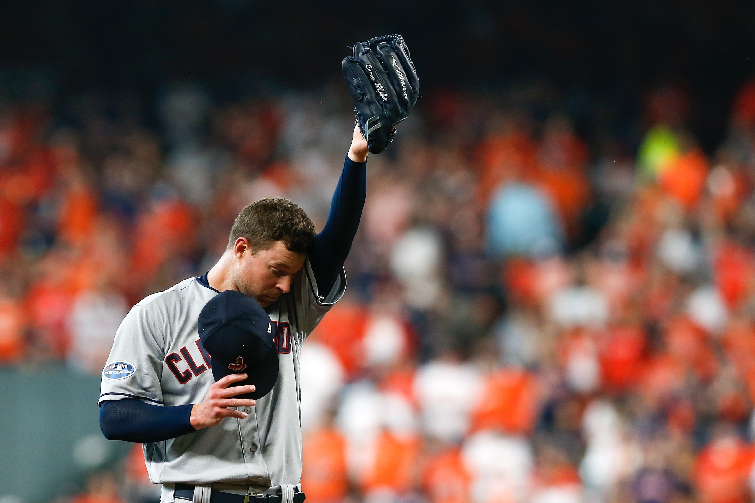 HOUSTON, TX - OCTOBER 05:  Corey Kluber #28 of the Cleveland Indians reacts against the Houston Astros in the fifth inning of Game One of the American League Division Series at Minute Maid Park on October 5, 2018 in Houston, Texas.  (Photo by Tim Warner/G