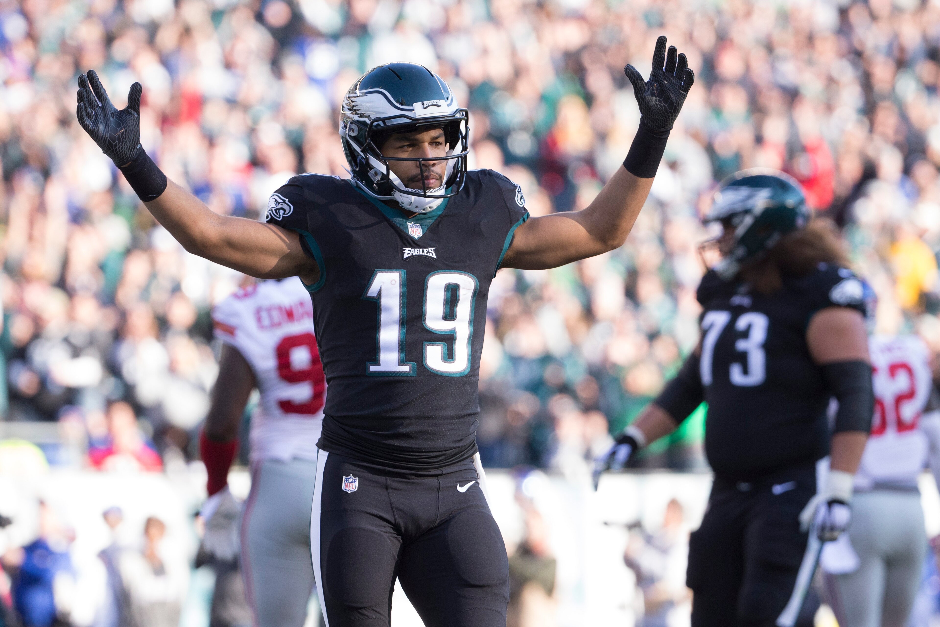 PHILADELPHIA, PA - NOVEMBER 25: Golden Tate #19 of the Philadelphia Eagles reacts against the New York Giants at Lincoln Financial Field on November 25, 2018 in Philadelphia, Pennsylvania. (Photo by Mitchell Leff/Getty Images)