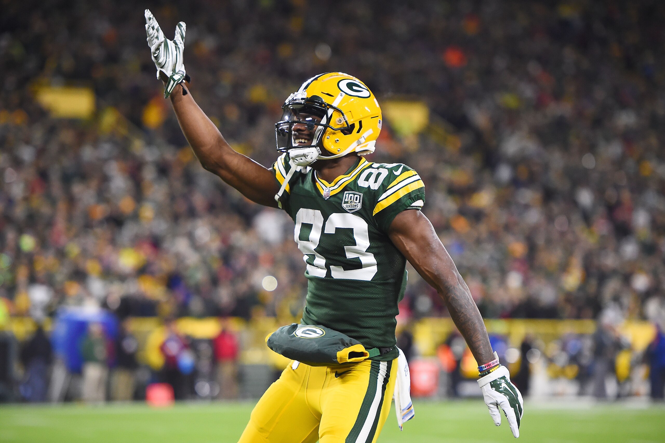 GREEN BAY, WI - OCTOBER 15:  Marquez Valdes-Scantling #83 of the Green Bay Packers reacts to a first down during the first quarter against the San Francisco 49ers at Lambeau Field on October 15, 2018 in Green Bay, Wisconsin.  (Photo by Stacy Revere/Getty 