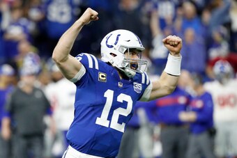 INDIANAPOLIS, INDIANA - DECEMBER 23: Andrew Luck #12 of the Indianapolis Colts celebrates after a touchdown in the game against the New York Giants in the third quarter at Lucas Oil Stadium on December 23, 2018 in Indianapolis, Indiana. (Photo by Joe Robb