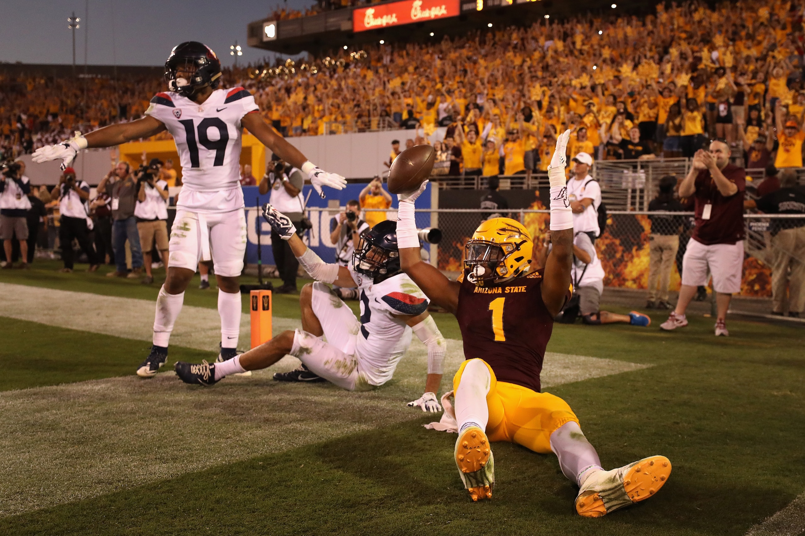TEMPE, AZ - NOVEMBER 25:  Wide receiver N'Keal Harry #1 of the Arizona State Sun Devils celebrates after catching a nine yard touchdown reception against safety Scottie Young Jr. #19 of the Arizona Wildcats during the second half of the college football g