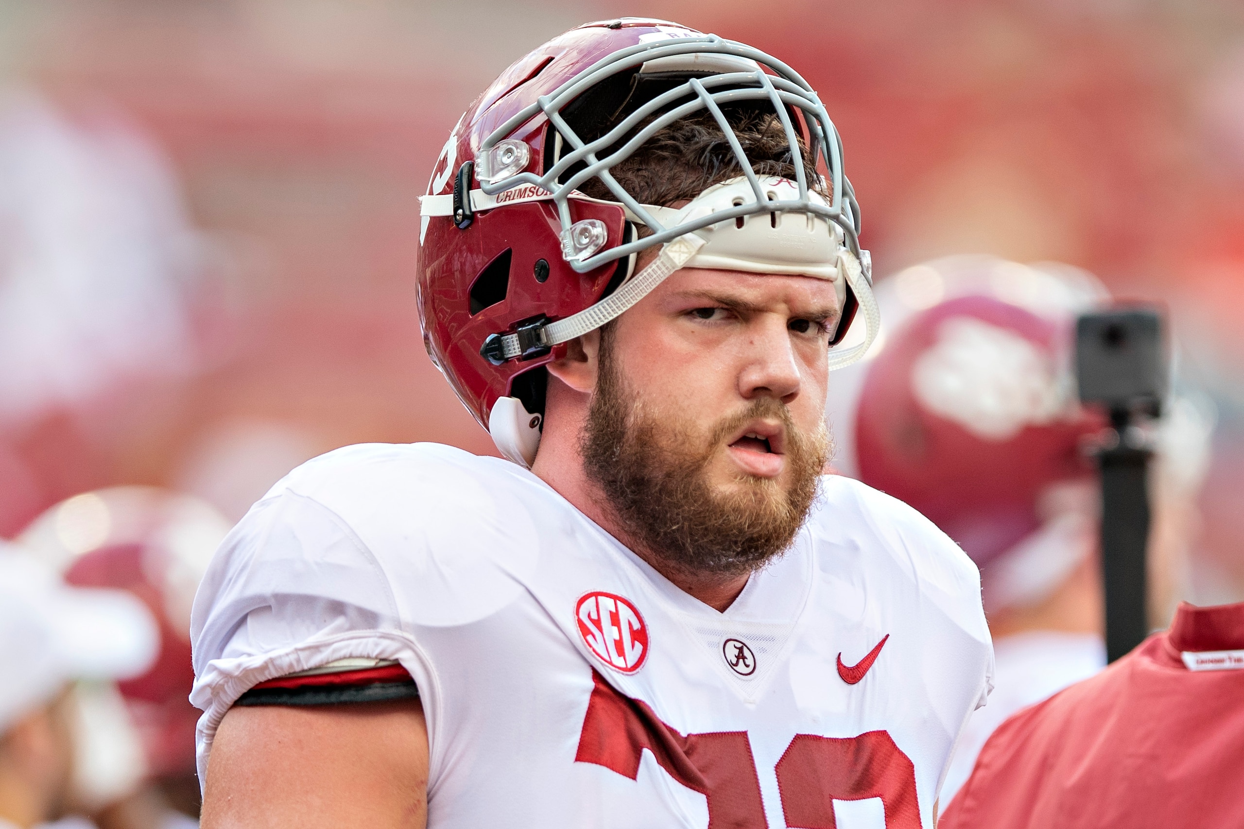 FAYETTEVILLE, AR - OCTOBER 6:  Jonah Williams #73 of the Alabama Crimson Tide with his team on the field before a game against the Arkansas Razorbacks at Razorback Stadium on October 6, 2018 in Tuscaloosa, Alabama.  The Crimson Tide defeated the Razorback