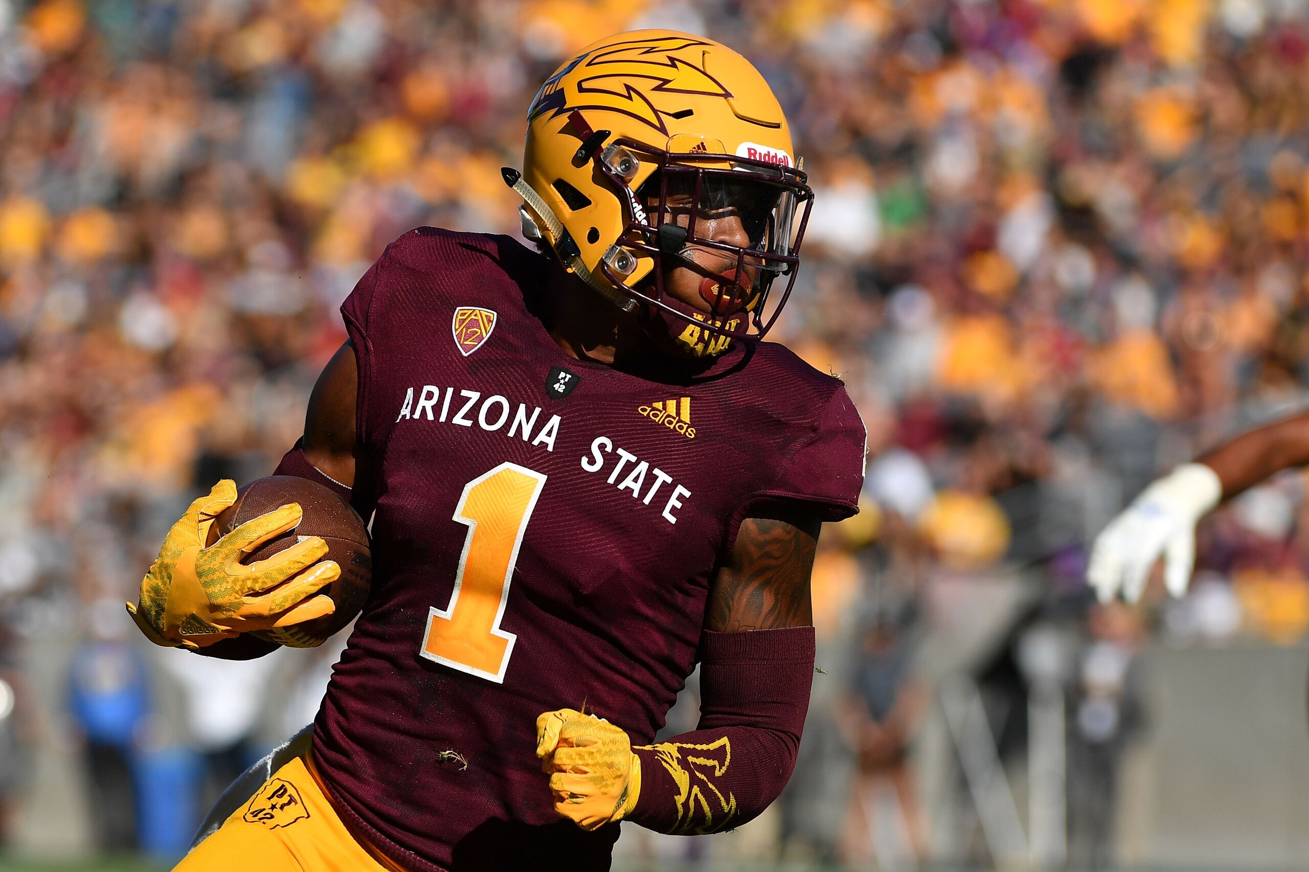 TEMPE, AZ - NOVEMBER 10: Wide receiver N'Keal Harry #1 of the Arizona State Sun Devils carries in the second half against the UCLA Bruins at Sun Devil Stadium on November 10, 2018 in Tempe, Arizona. The Arizona State Sun Devils won 31-28. (Photo by Jenni TEMPE, AZ - NOVEMBER 10: Wide receiver N'Keal Harry #1 of the Arizona State Sun Devils carries in the second half against the UCLA Bruins at Sun Devil Stadium on November 10, 2018 in Tempe, Arizona. The Arizona State Sun Devils won 31-28. (Photo by Jenni