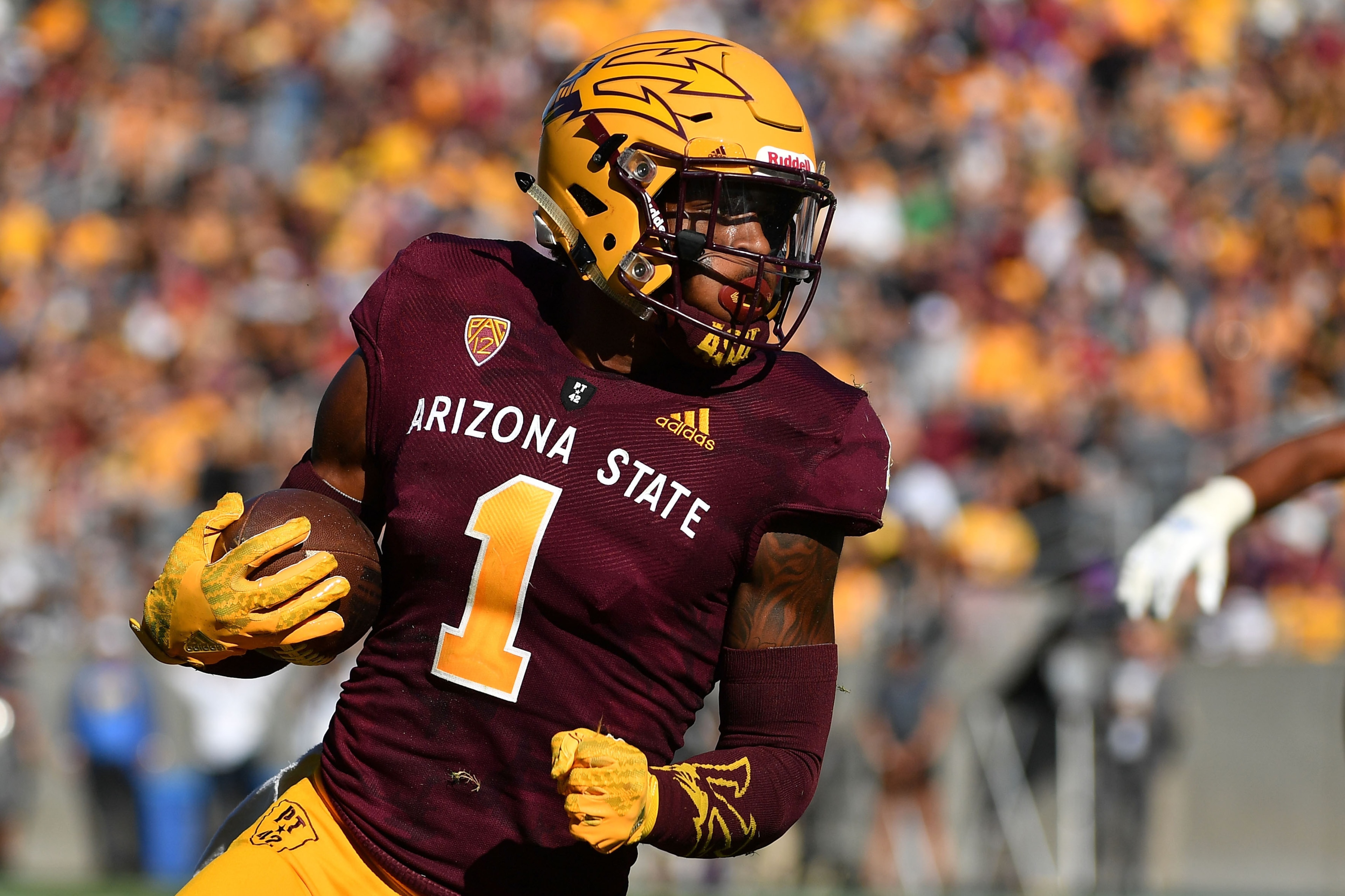 TEMPE, AZ - NOVEMBER 10:  Wide receiver N'Keal Harry #1 of the Arizona State Sun Devils carries in the second half against the UCLA Bruins at Sun Devil Stadium on November 10, 2018 in Tempe, Arizona. The Arizona State Sun Devils won 31-28. (Photo by Jenni