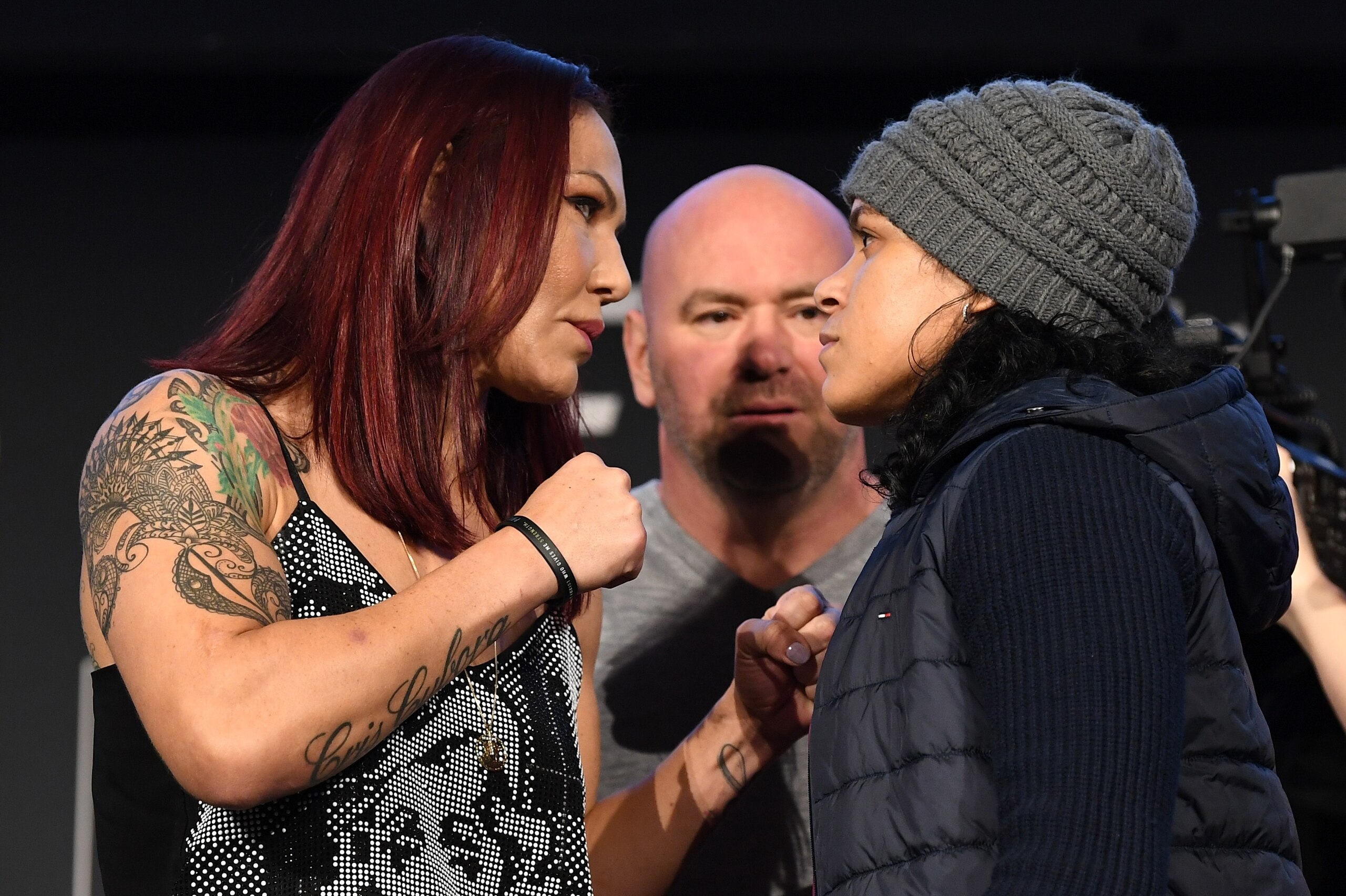 NEW YORK, NEW YORK - NOVEMBER 02:  (L-R) Opponents Cris Cyborg of Brazil and Amanda Nunes of Brazil face off during the UFC 232 press conference inside Hulu Theater at Madison Square Garden on November 2, 2018 in New York, New York. (Photo by Jeff Bottari