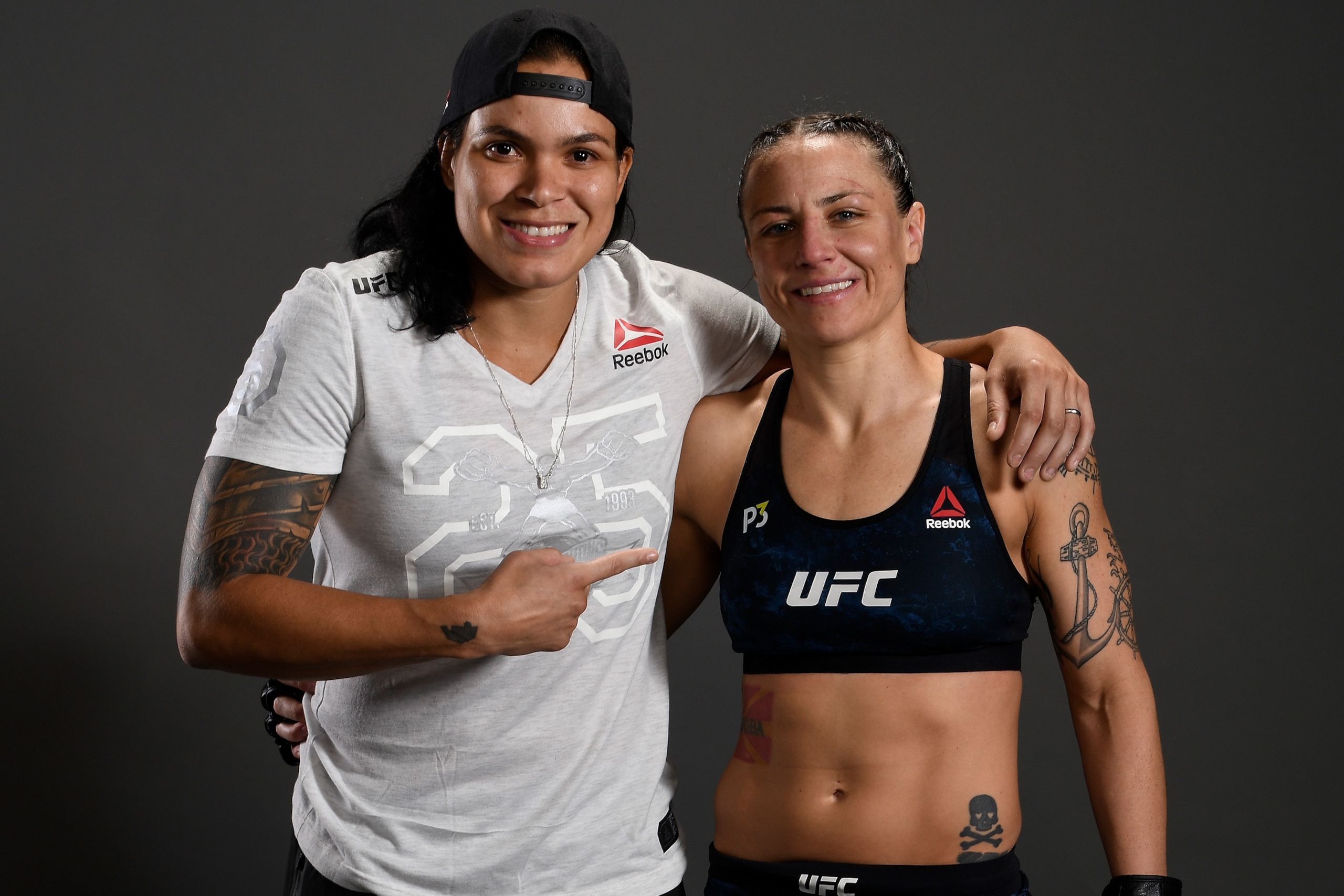 TORONTO, CANADA - DECEMBER 08:  (R-L) Nina Ansaroff poses for a portrait backstage with her girlfriend Amanda Nunes during the UFC 231 event at Scotiabank Arena on December 8, 2018 in Toronto, Canada. (Photo by Mike Roach/Zuffa LLC/Zuffa LLC via Getty Ima