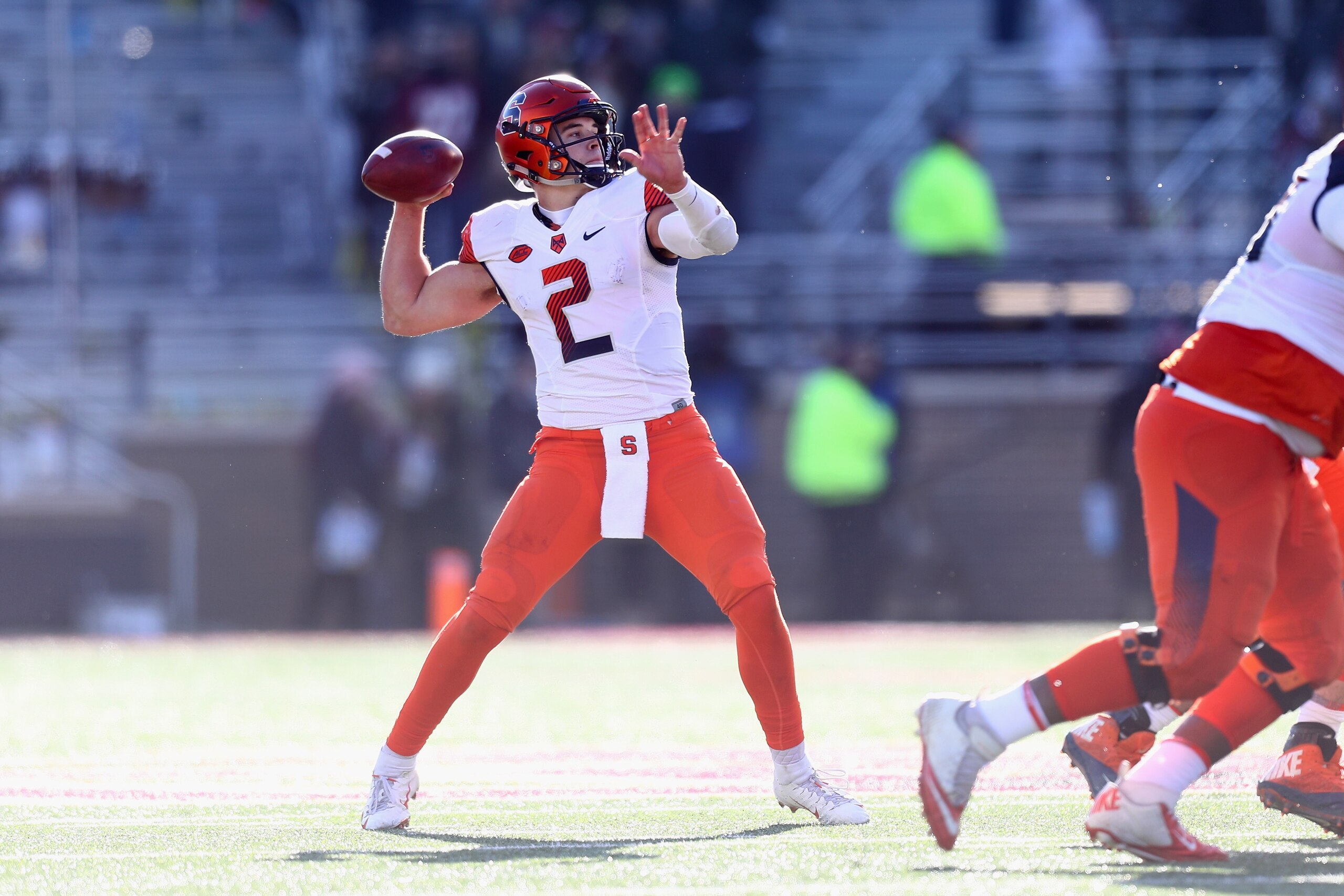 CHESTNUT HILL, MA - NOVEMBER 24: Quarterback Eric Dungey #2 of the Syracuse Orange looks to pass during the second quarter of the game against the Boston College Eagles at Alumni Stadium on November 24, 2018 in Chestnut Hill, Massachusetts. (Photo by Om CHESTNUT HILL, MA - NOVEMBER 24: Quarterback Eric Dungey #2 of the Syracuse Orange looks to pass during the second quarter of the game against the Boston College Eagles at Alumni Stadium on November 24, 2018 in Chestnut Hill, Massachusetts. (Photo by Om