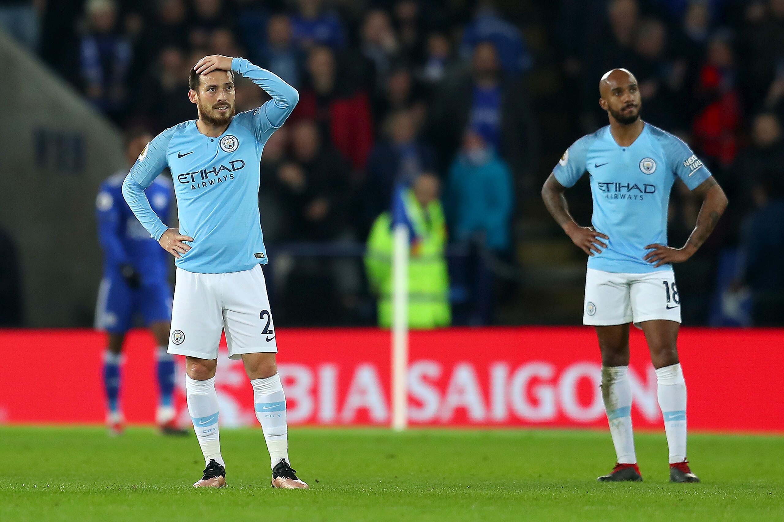 LEICESTER, ENGLAND - DECEMBER 26: David Silva of Manchester City looks dejected after Leicester City score there second goal during the Premier League match between Leicester City and Manchester City at The King Power Stadium on December 26, 2018 in Leice LEICESTER, ENGLAND - DECEMBER 26: David Silva of Manchester City looks dejected after Leicester City score there second goal during the Premier League match between Leicester City and Manchester City at The King Power Stadium on December 26, 2018 in Leice