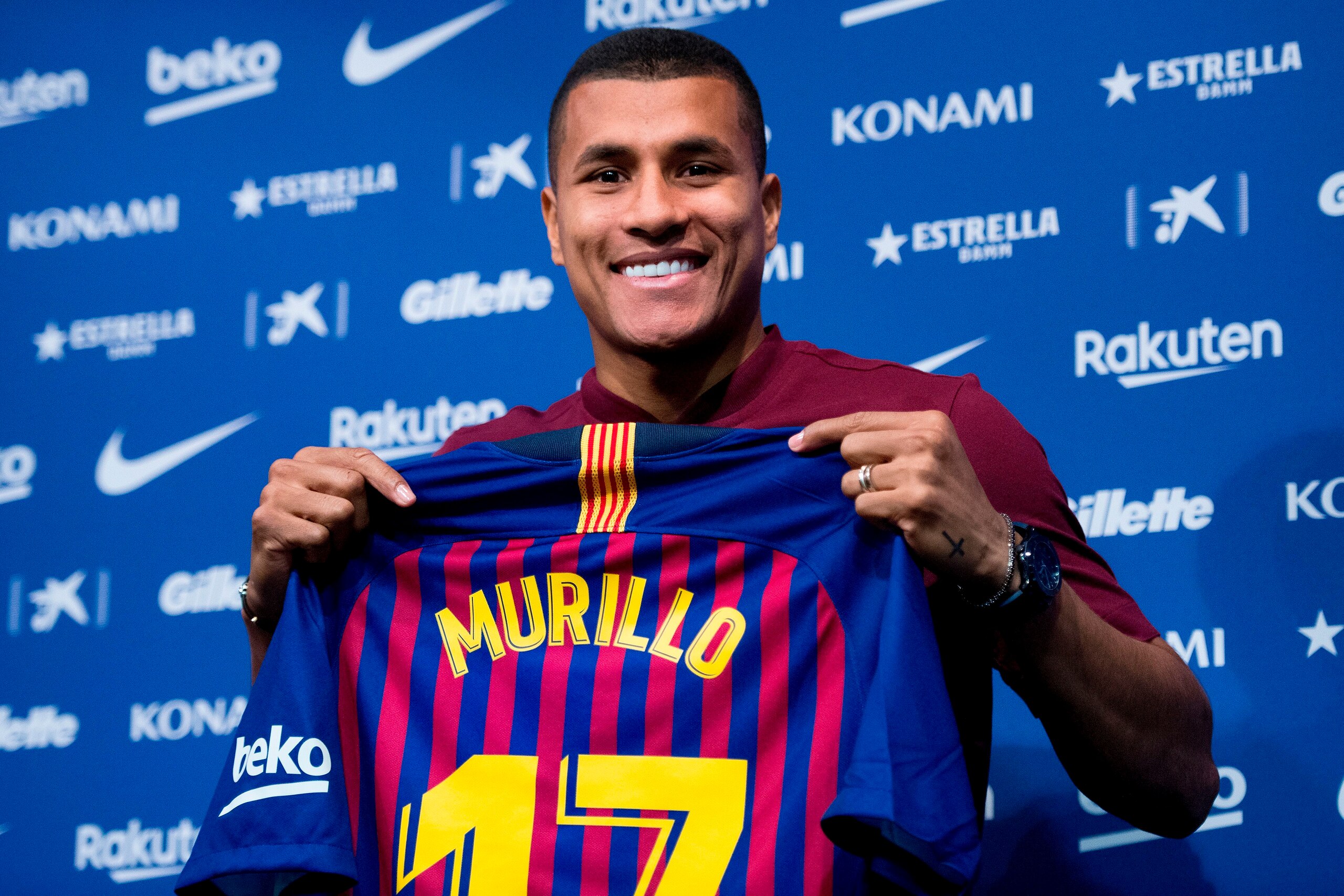 Barcelona's new player Colombian defender Jeison Murillo displays his jersey during his official presentation at the Camp Nou stadium in Barcelona on December 27, 2018. (Photo by Josep LAGO / AFP) (Photo credit should read JOSEP LAGO/AFP/Getty Imag Barcelona's new player Colombian defender Jeison Murillo displays his jersey during his official presentation at the Camp Nou stadium in Barcelona on December 27, 2018. (Photo by Josep LAGO / AFP) (Photo credit should read JOSEP LAGO/AFP/Getty Imag