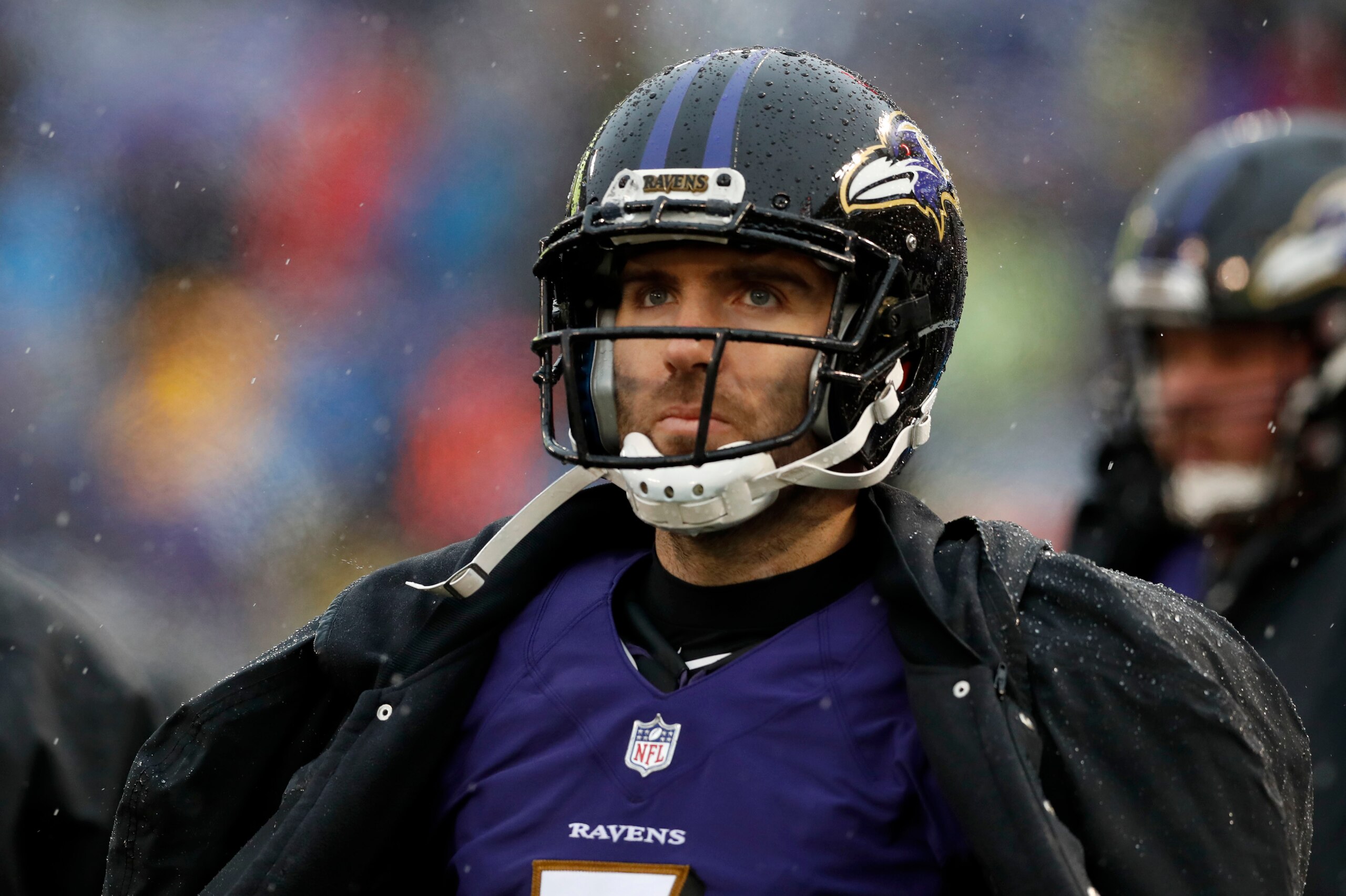 BALTIMORE, MARYLAND - DECEMBER 16: Quarterback Joe Flacco #5 of the Baltimore Ravens looks on from the sidelines during the first quarter against the Tampa Bay Buccaneers at M&T Bank Stadium on December 16, 2018 in Baltimore, Maryland. (Photo by Todd Olsz