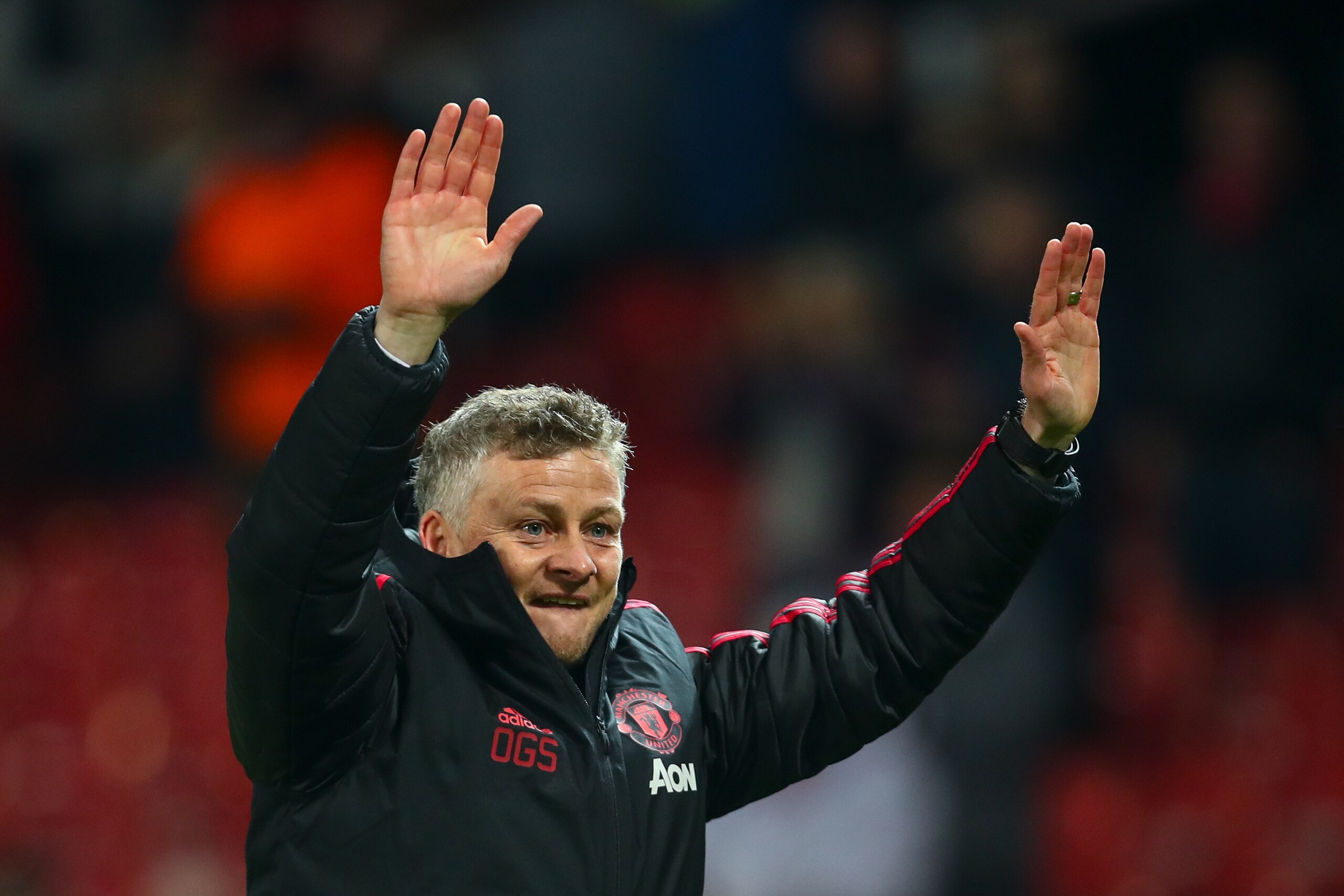 MANCHESTER, ENGLAND - DECEMBER 26: Ole Gunnar Solskjaer the interim head coach / manager of Manchester United celebrates at full time during the Premier League match between Manchester United and Huddersfield Town at Old Trafford on December 26, 2018 in M