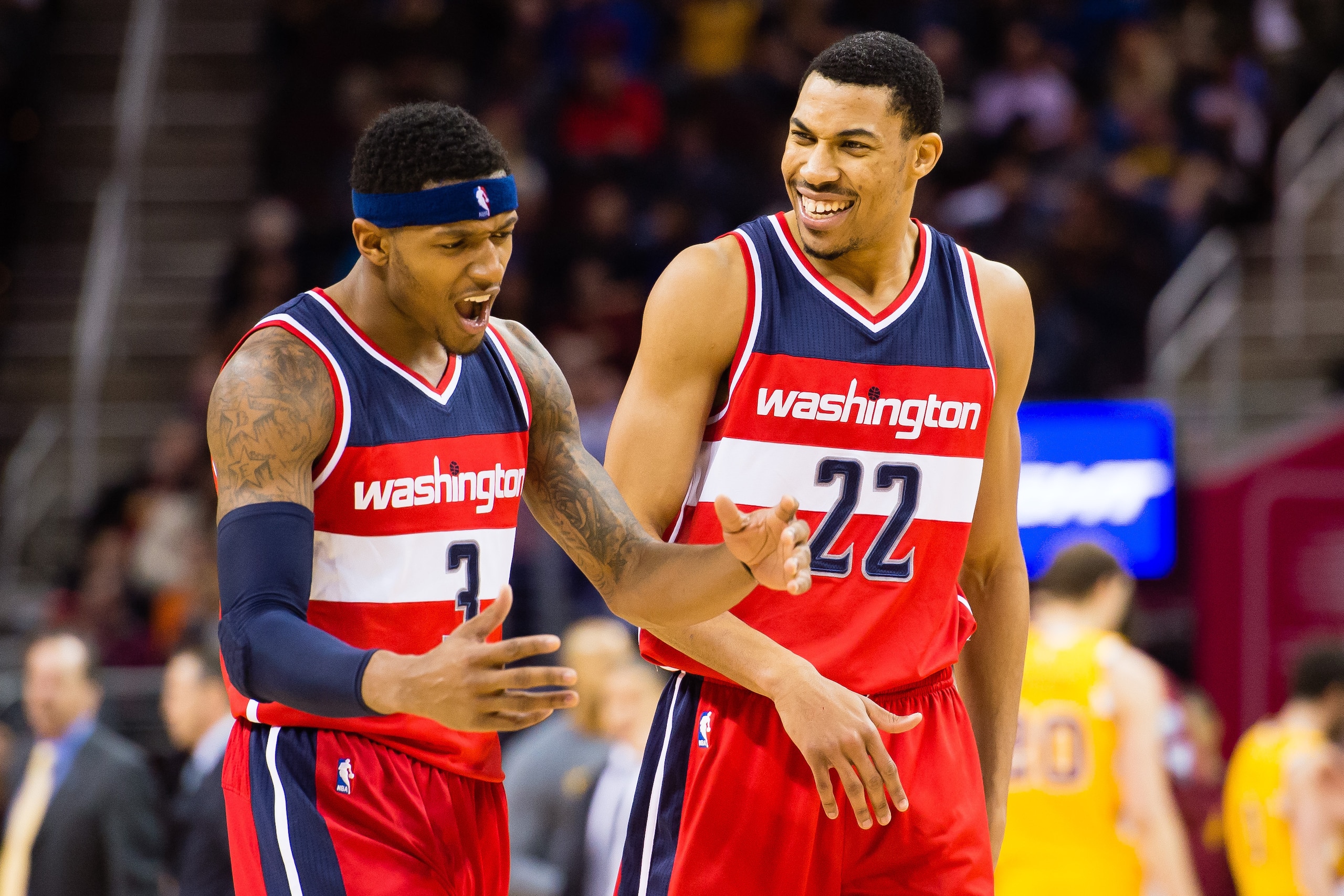 CLEVELAND, OH - DECEMBER 1: Bradley Beal #3 celebrates with Otto Porter Jr. #22 of the Washington Wizards during the second half against the Cleveland Cavaliers at Quicken Loans Arena on December 1, 2015 in Cleveland, Ohio. The Wizards defeated the Cavali