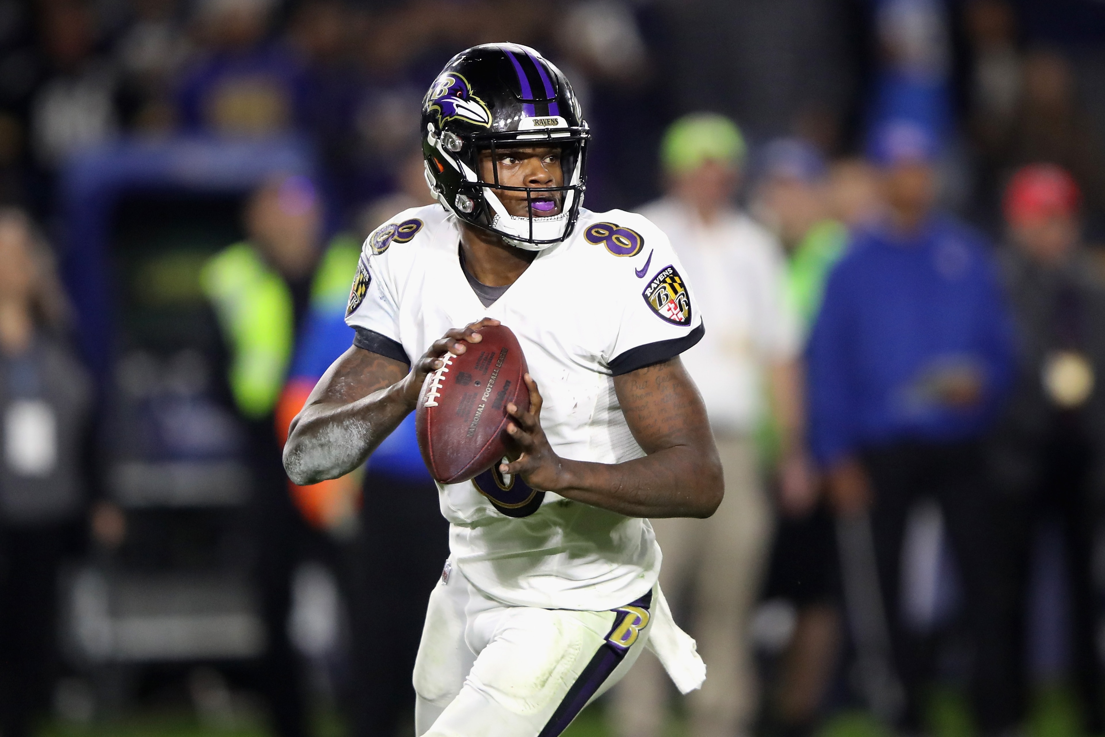 CARSON, CA - DECEMBER 22:  Lamar Jackson #8 of the Baltimore Ravens looks to pass during the second half of a game agains the Los Angeles Chargers at StubHub Center on December 22, 2018 in Carson, California.  (Photo by Sean M. Haffey/Getty Images)